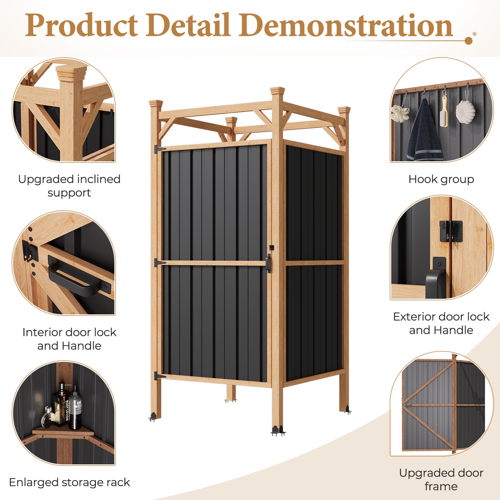 HOMREST Outdoor Shower Enclosure with Lockable Door, Weatherproof Outdoor Shower Stall with Metal Panels, Hooks & Shelves - Perfect for Pool Wash Station, Backyard & Beach Rinse Area Small Version