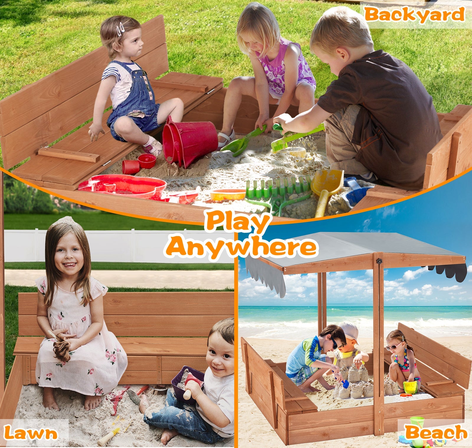 Homrest Kids Sandbox with Cover, Height Adjustable Roof, Foldable Bench Seats for Aged 3-8, Wooden Outdoor Kids Sandbox, Sand Protection Line