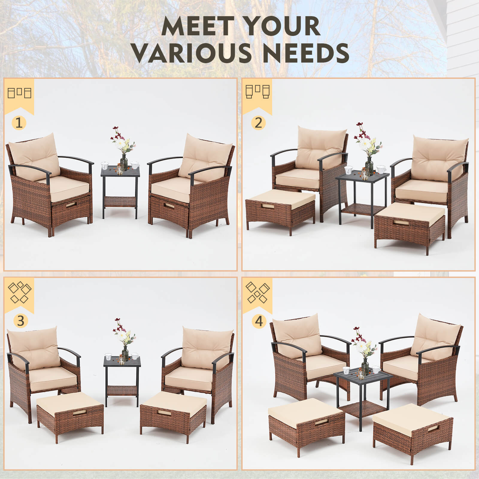 HOMREST 5 Pieces Patio Furniture Set, Outdoor Rattan Chairs with Metal Coffee Table, Ottomans & Soft Cushions, Wicker Conversation Bistro Set, Beige