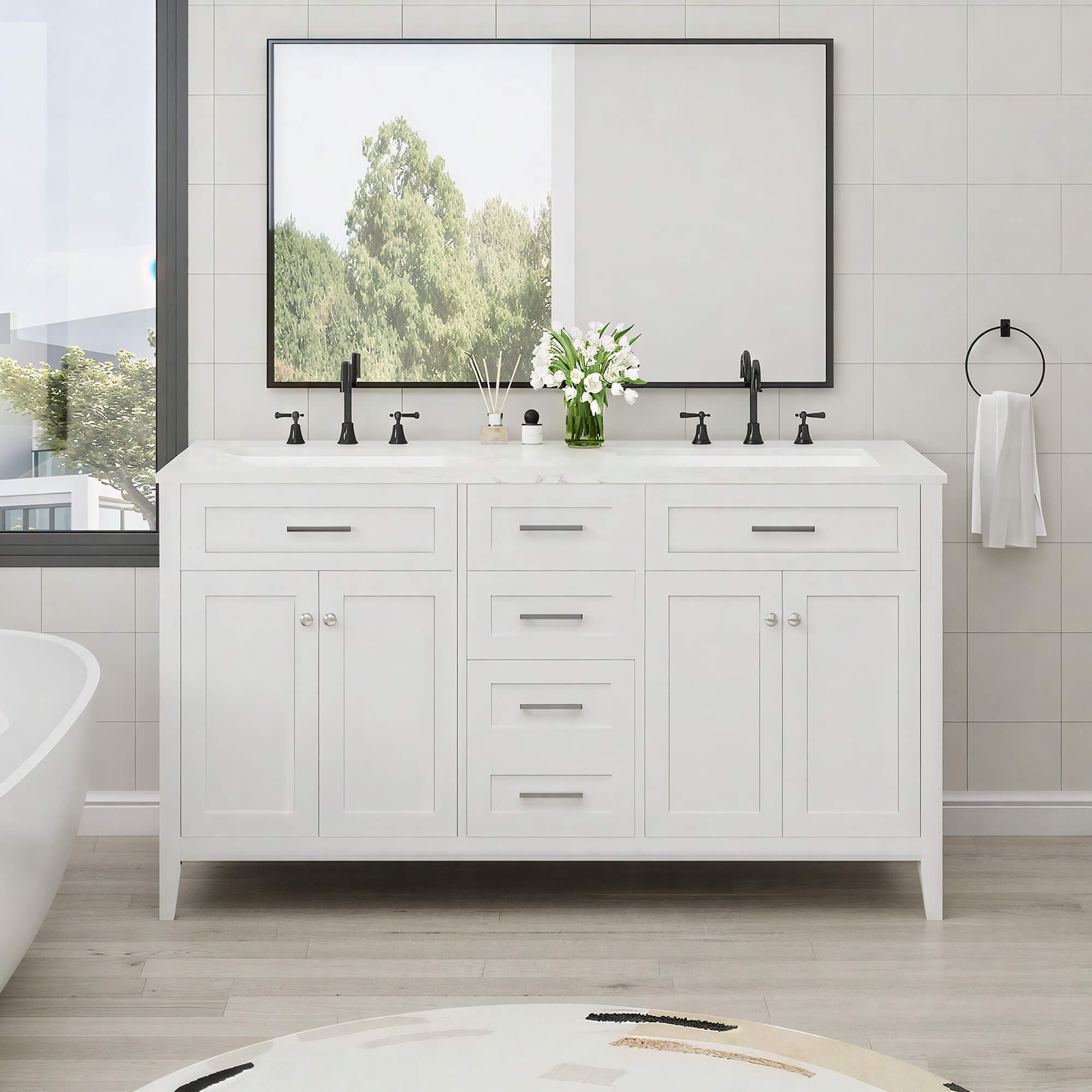 HOMREST 60" Double Bathroom Vanity with Engineered Stone Top, Modern Sink Vanity with Drawers, White