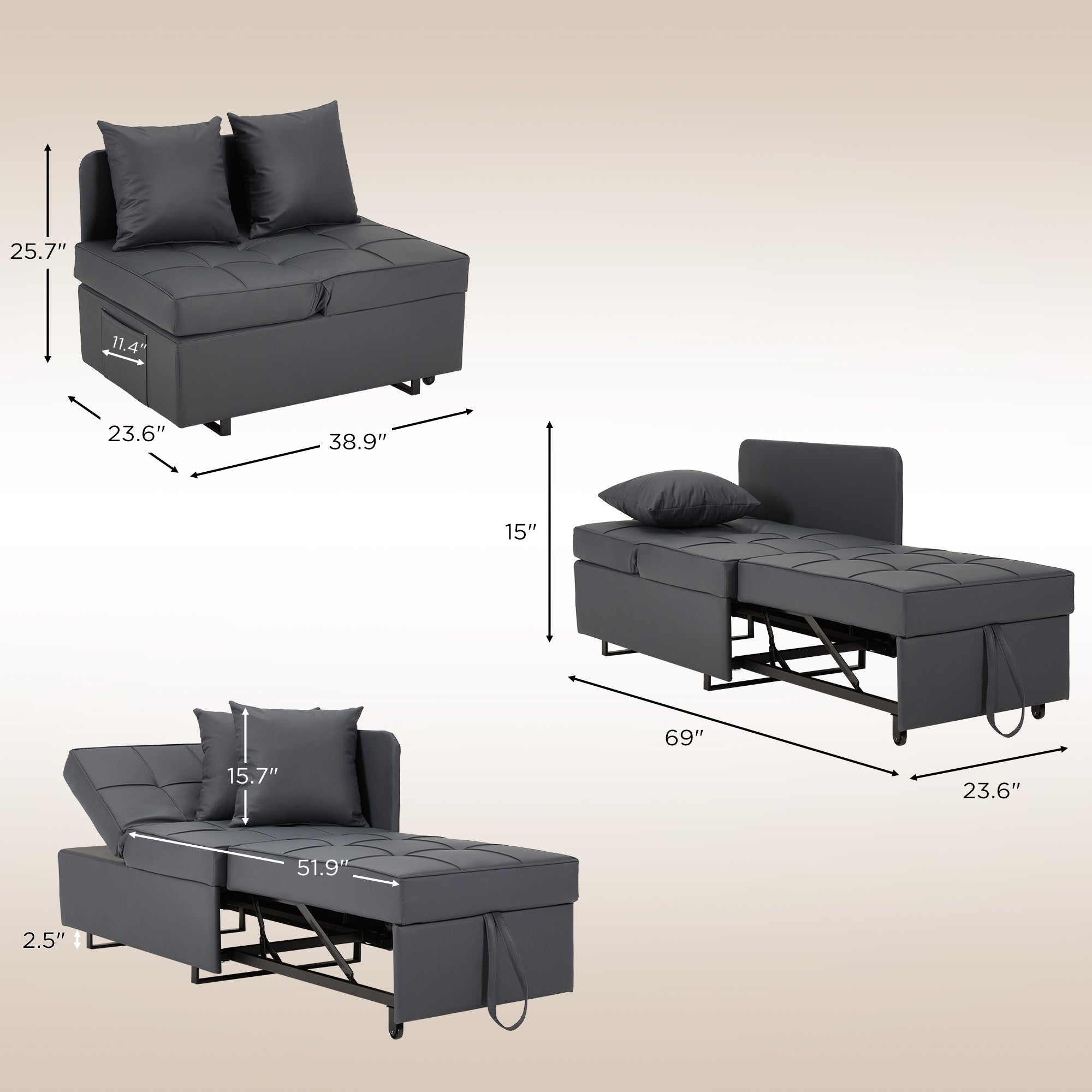 HOMREST 3 IN 1 Futon Sofa Bed Convertible Recliner Lounge with Reclining Backrest, Gray