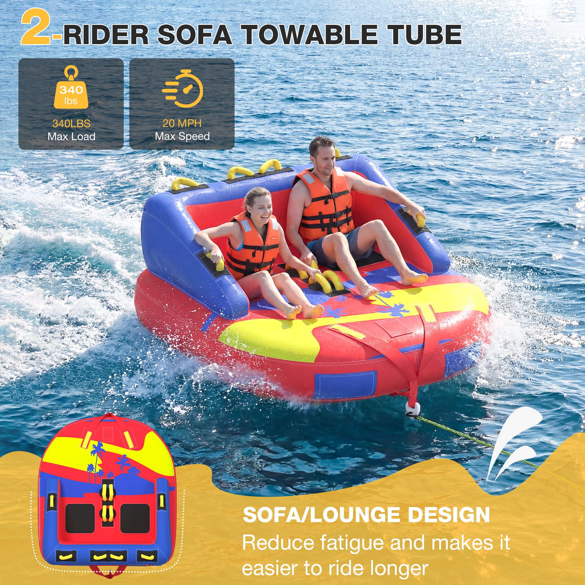 HOMREST 2-Person Towable Tubes for Boating with Towable Rope, Couch Reversible Boat Tube, Padded Bolster Guard Handles & Quick-Connect Tow Point