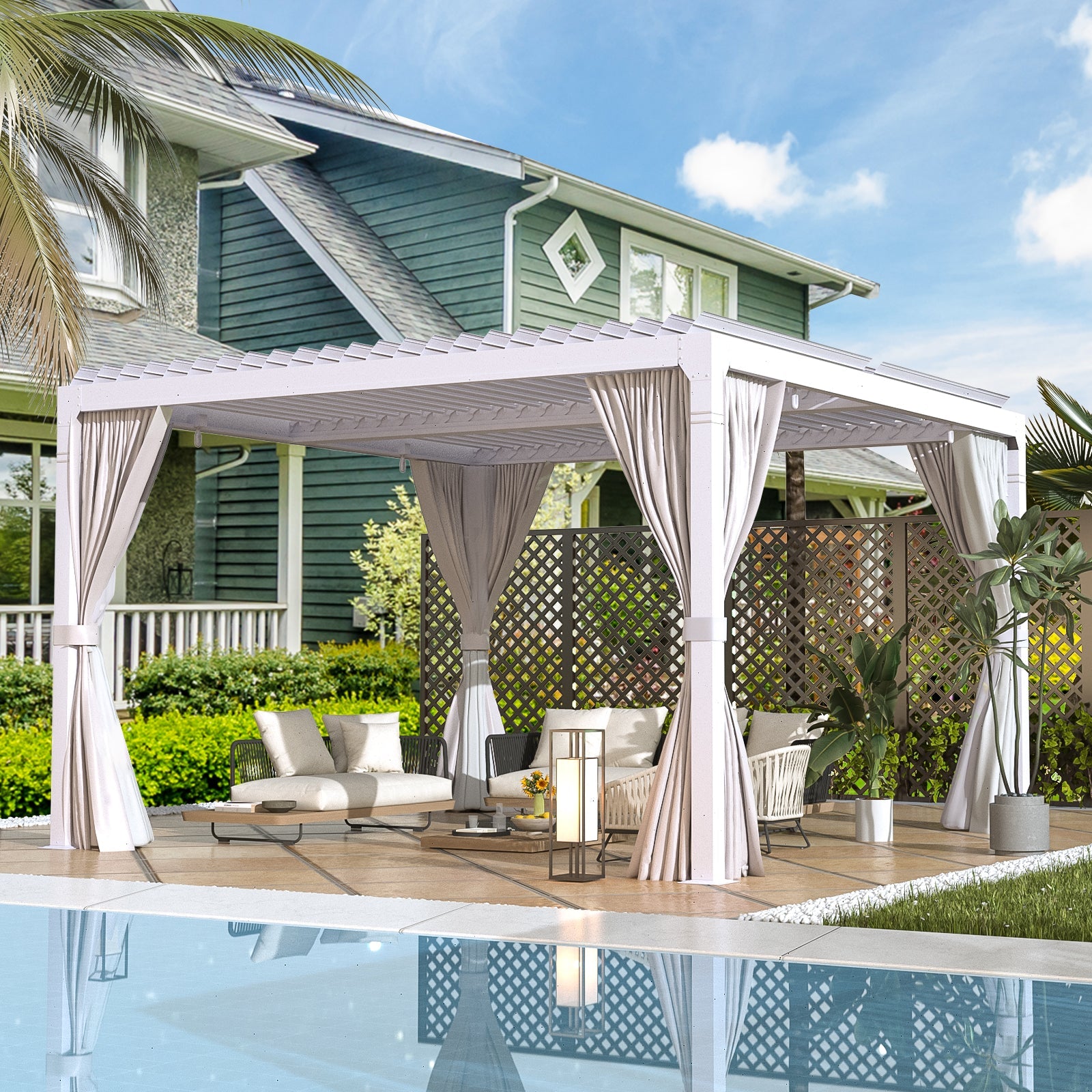 HOMREST Louvered Pergola 12x12 Outdoor Hard Top Pergola with Aluminum Frame and Adjustable Metal Rainproof Roof for Garden & Patio, Curtains and Netting Included, White