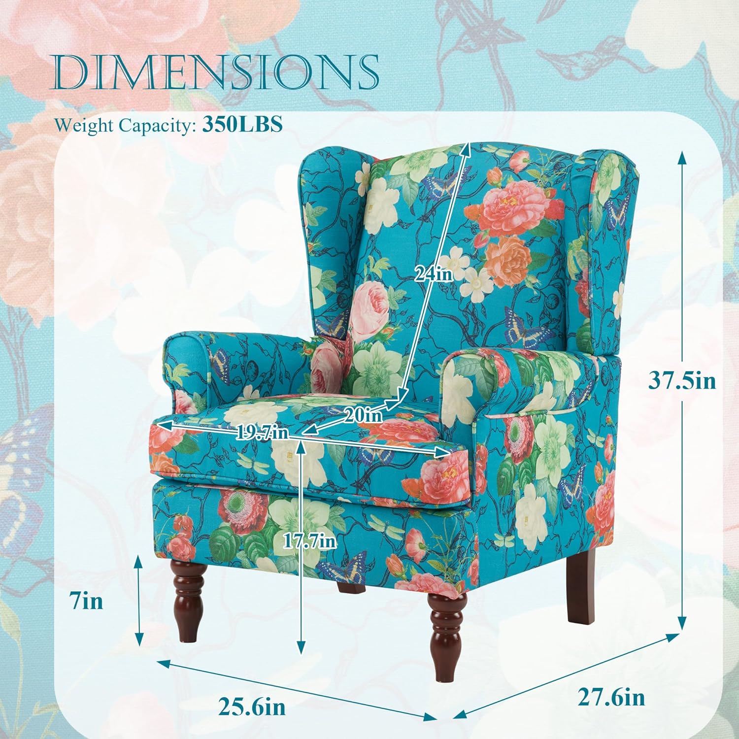 HOMREST Fabric Accent Chair for Living Room Bedroom Reading, Teal Floral