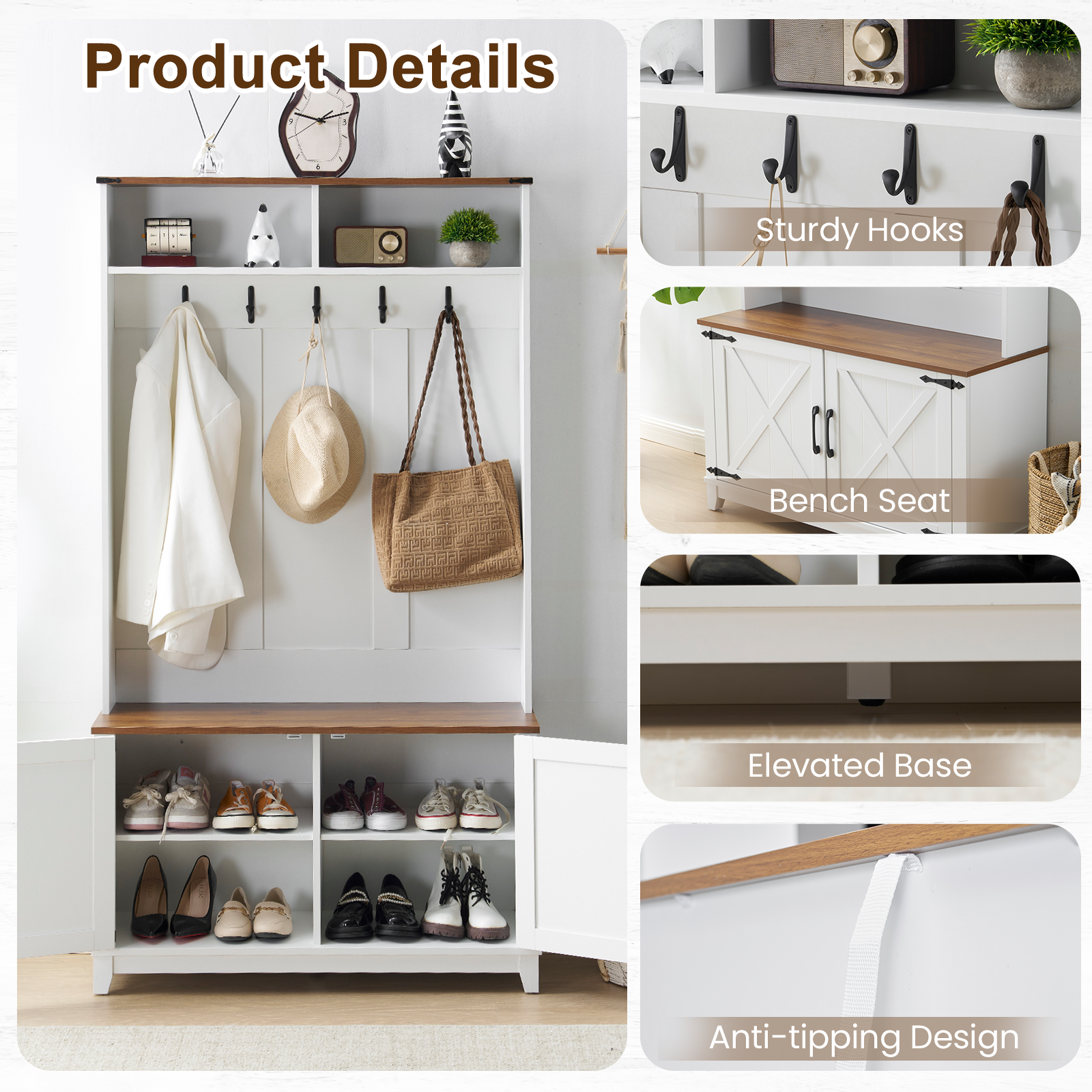 HOMREST 38" Farmhouse Hall Tree with Bench and Shoe Storage, Entryway Bench with Coat Rack, 2 Open Compartments, 7 Coat Hooks, Barn Door & Adjustable Shelf, White