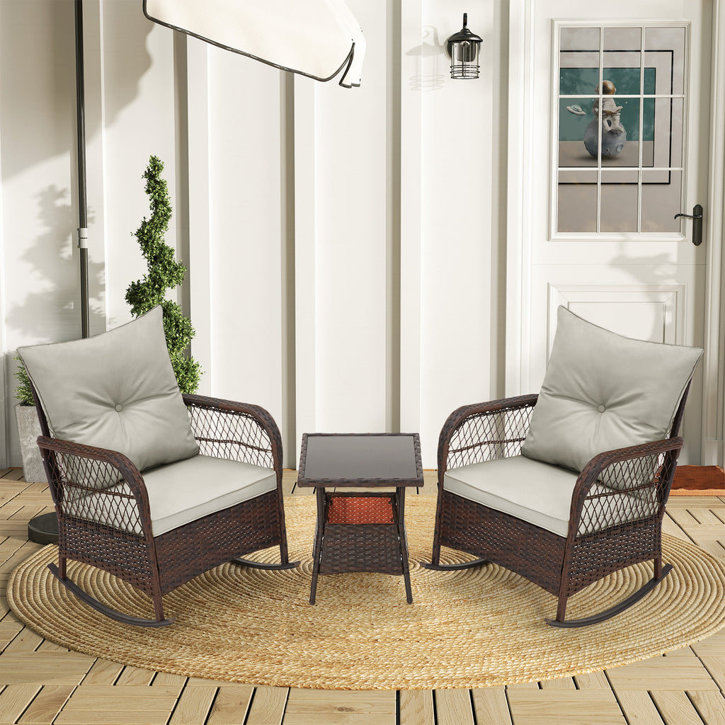 HOMREST 3-Piece Rattan Rocking Bistro Set with Glass Coffee Table for Porch & Garden