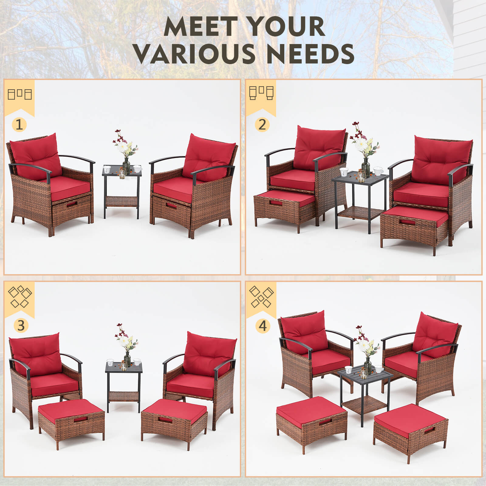 HOMREST 5 Pieces Patio Furniture Set, Outdoor Rattan Chairs with Metal Coffee Table, Ottomans & Soft Cushions, Wicker Conversation Bistro Set for Garden, Porch, Deck, Balcony, Red