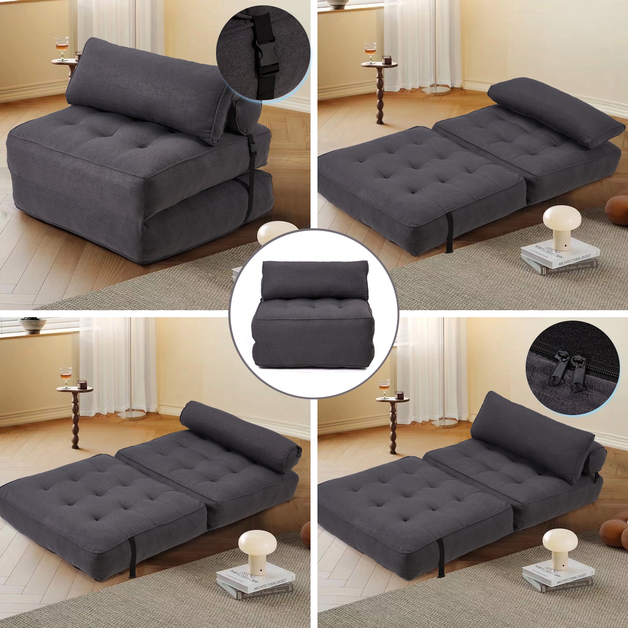 HOMREST 3-Piece Modular Sectional Sofa, Convertible Lounge Set – Foldable Couch Bed, Dark Gray