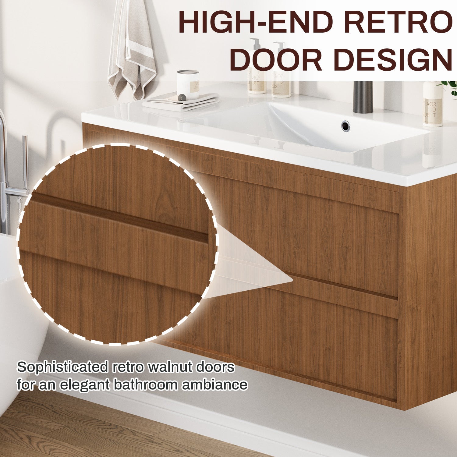 HOMREST 36 Inch Bathroom Vanity with Sink, Floating Bathroom Vanity with 2 Large Storage Drawers, Wood Grain Wall Mounted Bathroom Cabinet, Brown