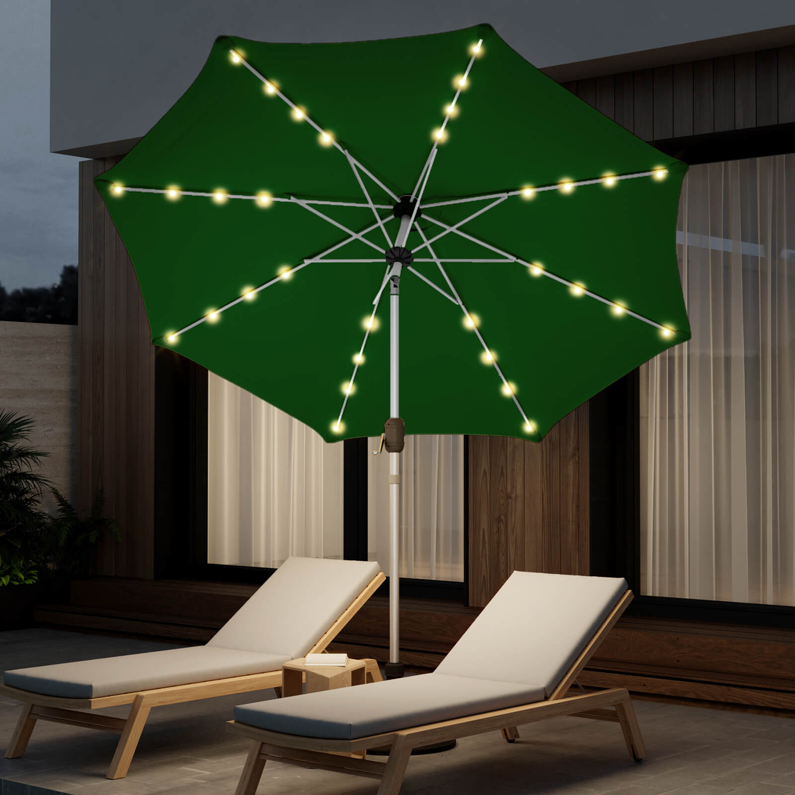 Homrest 10FT Solar Lighted Patio Umbrella, Fade-Resistant Outdoor Umbrella with Tilt, 8 Aluminum Ribs Green