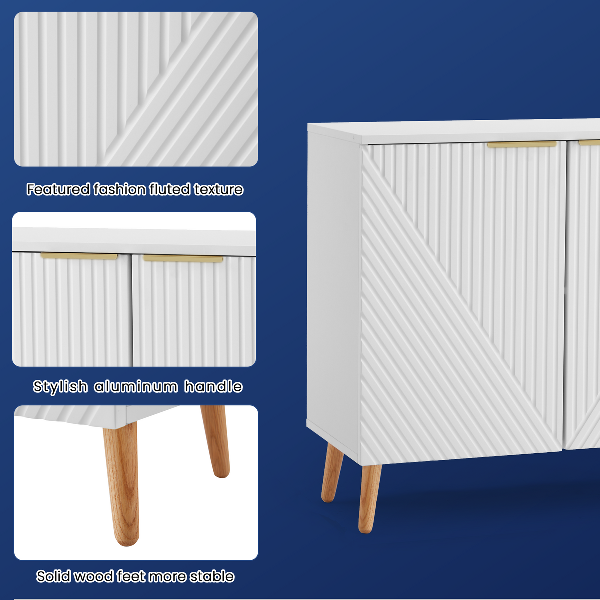 HOMREST Modern Fluted Buffet Cabinet with Storage, Wood Accent Sideboard, White