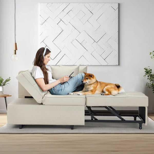 HOMREST 3 IN 1 Futon Sofa Bed Convertible Recliner Lounge for Living Room with Reclining Backrest, Linen, Beige