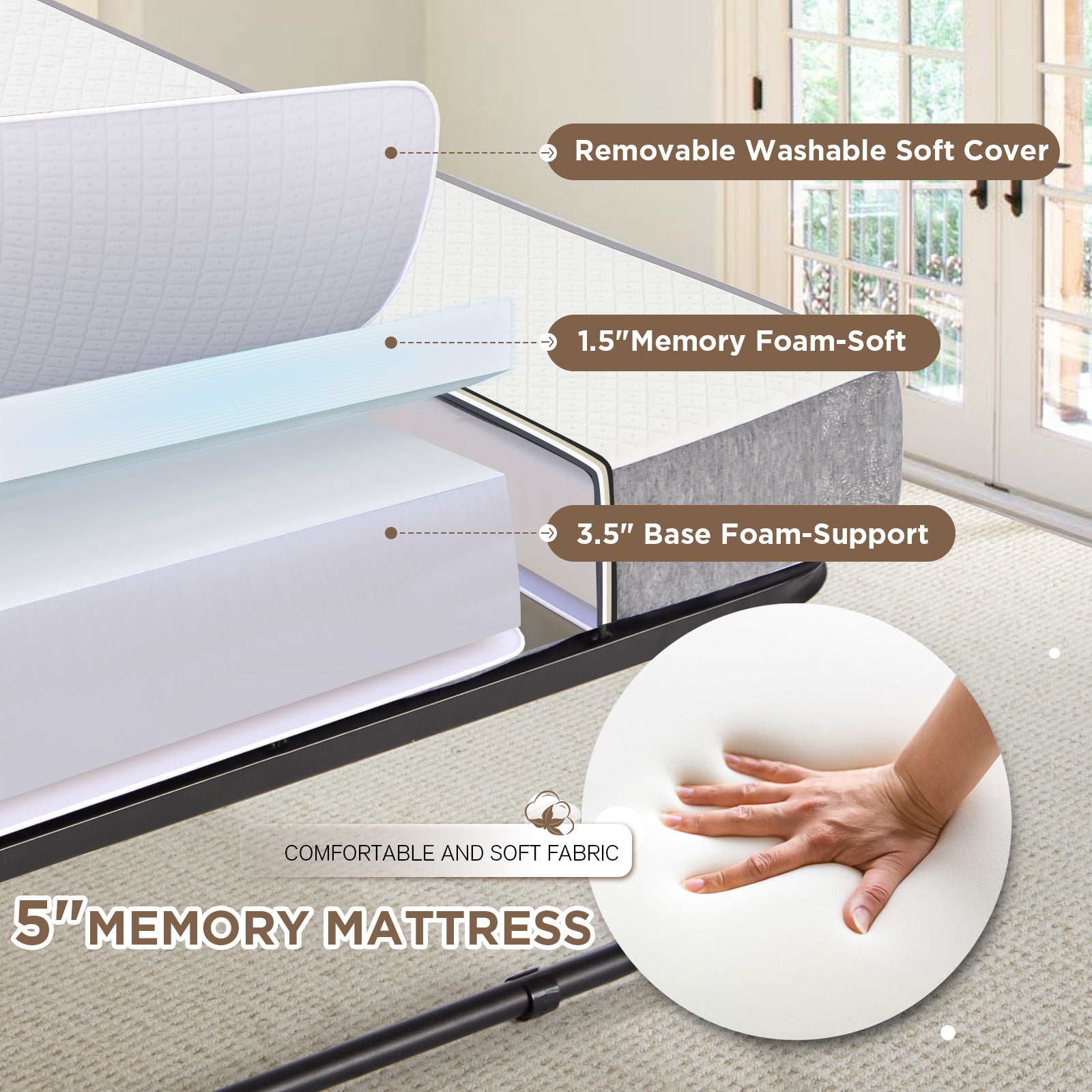 HOMREST 75"x 38" Folding Bed with Mattress, Twin Size Portable Rollaway Guest Bed for Adults