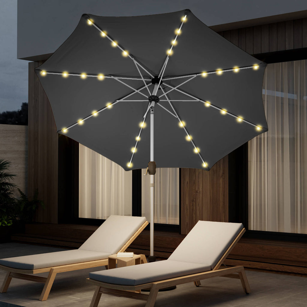 Homrest 10FT Solar Lighted Patio Umbrella, Fade-Resistant Outdoor Umbrella with Tilt, 8 Aluminum Ribs Grey