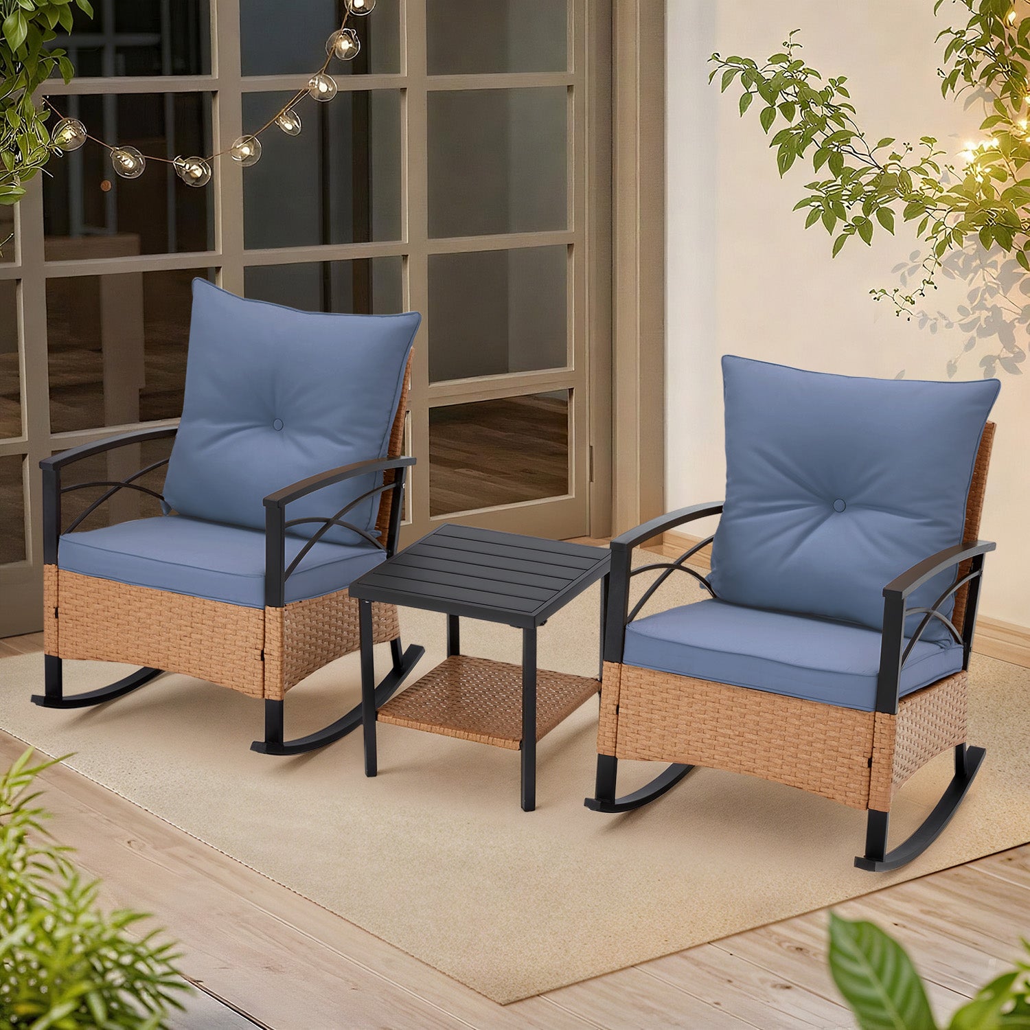 HOMREST 3-Piece Bistro Set: Outdoor Rattan Rocking Chairs with Cushions and Coffee Table