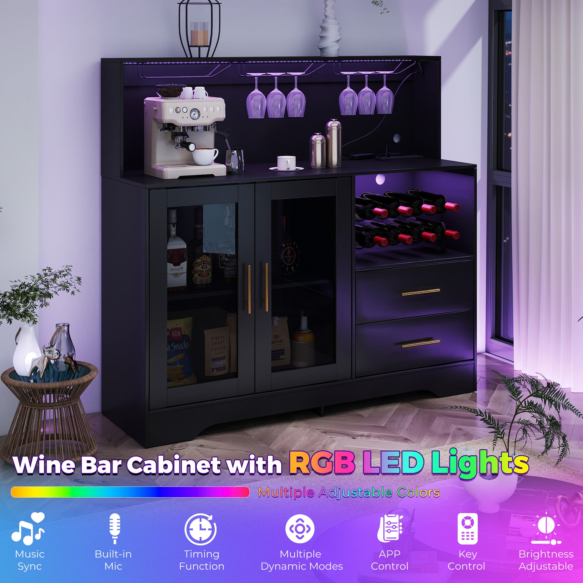 HOMREST Modern Wine Bar Cabinet With Led Lights, Coffee Bar With Wine Racks And Glass Holder, Charging Station,  Black