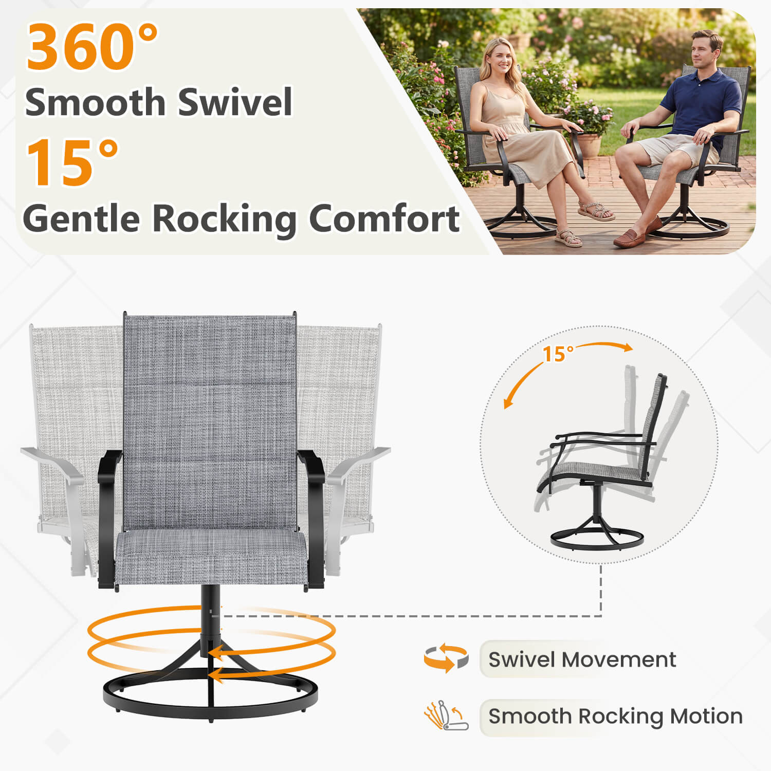 HOMREST Patio Swivel Chairs Set of 4, 360¡ã Swivel, 15¡ã Rocking, Outdoor Dining Chairs with Padded All Weather Quick-Drying Textilene High Back & Metal Frame, Grey