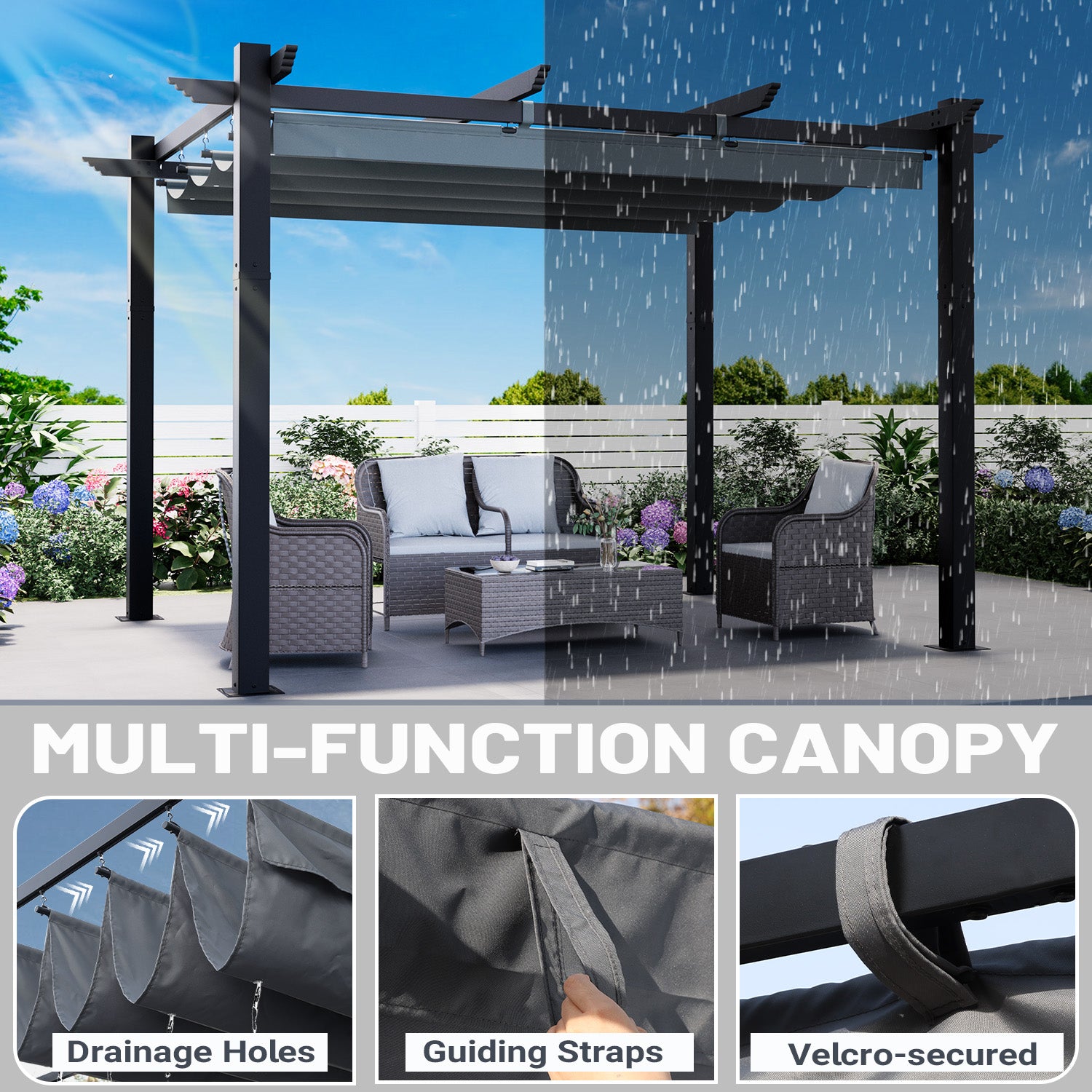 HOMREST Retractable Pergola 10x12 Ft, Upgraded Sun Shade with Waterproof Canopy, Durable Metal Patio Shelter with Magnetic Attachment for Backyard Garden Deck (Gary)