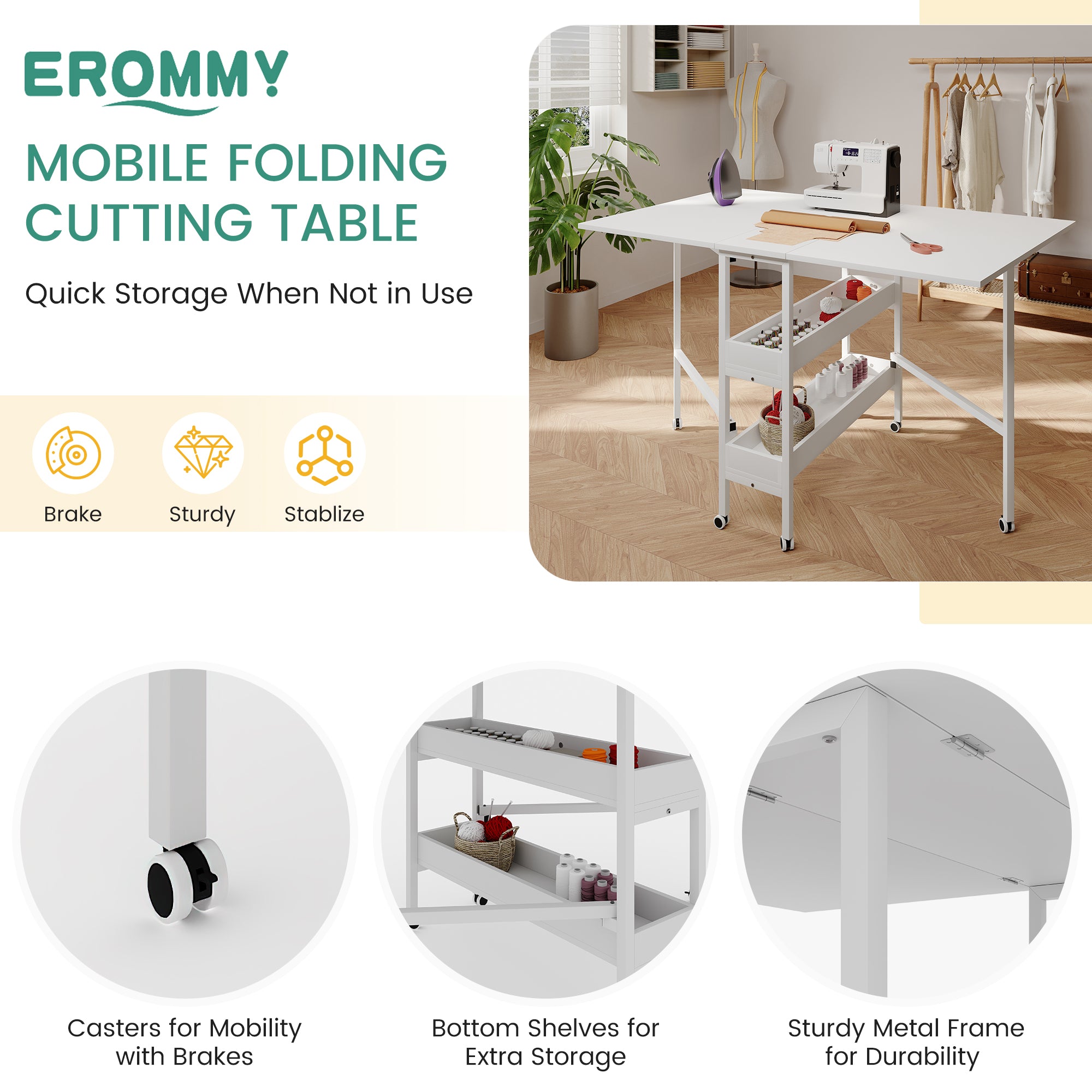 HOMREST Home Hobby Sewing Table with Storage Shelves and Storage Bag, Mobile Folding Cutting Table for Large Fabric, Foldable Table for Home Office Sewing Room Craft Room, Fixed Height 36in