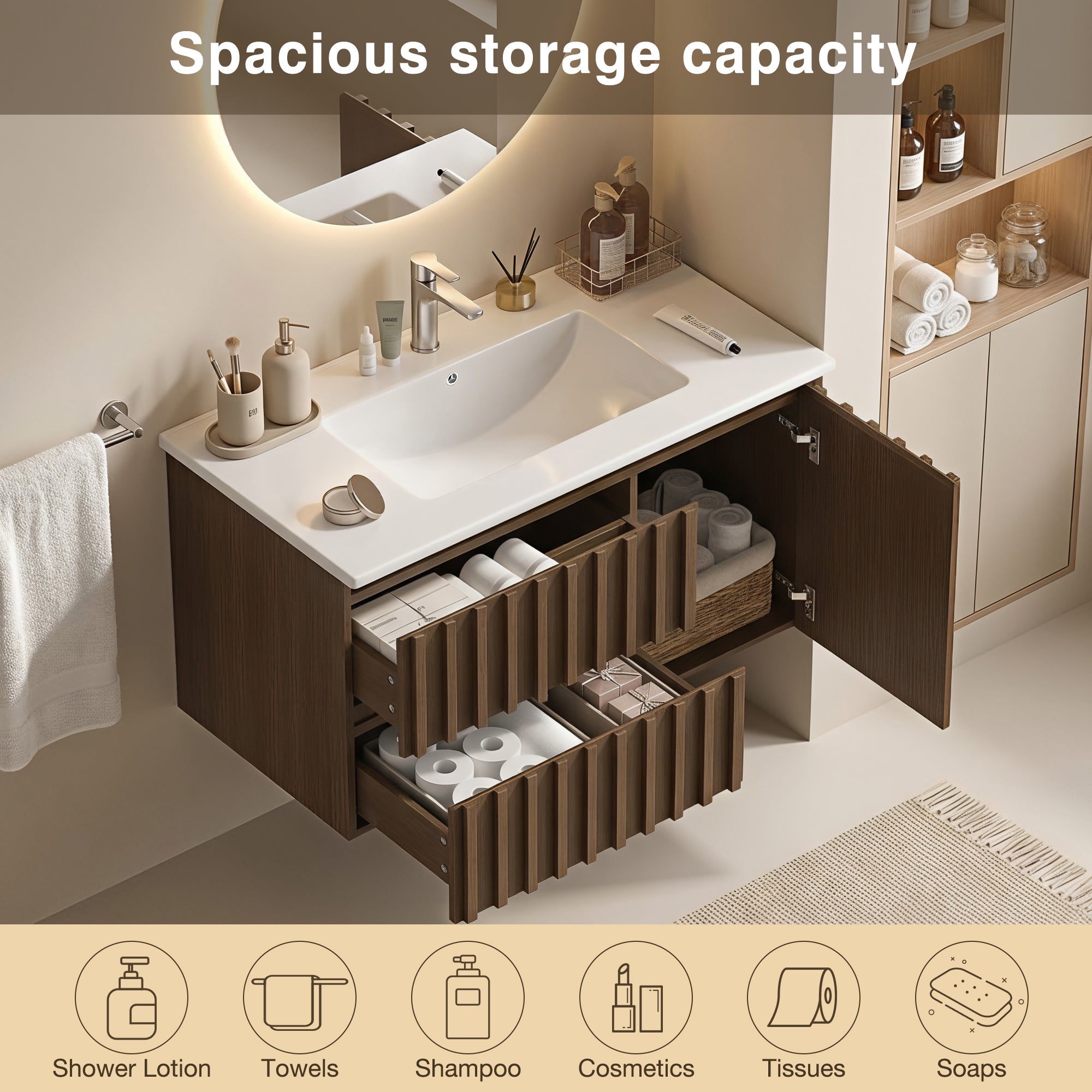 Homrest 36" Wall Mounted Single Bathroom Vanity With Ceramic Sink, Bathroom Vanity With Spacious Cabinet And 2 Soft-close Drawers,  Brown