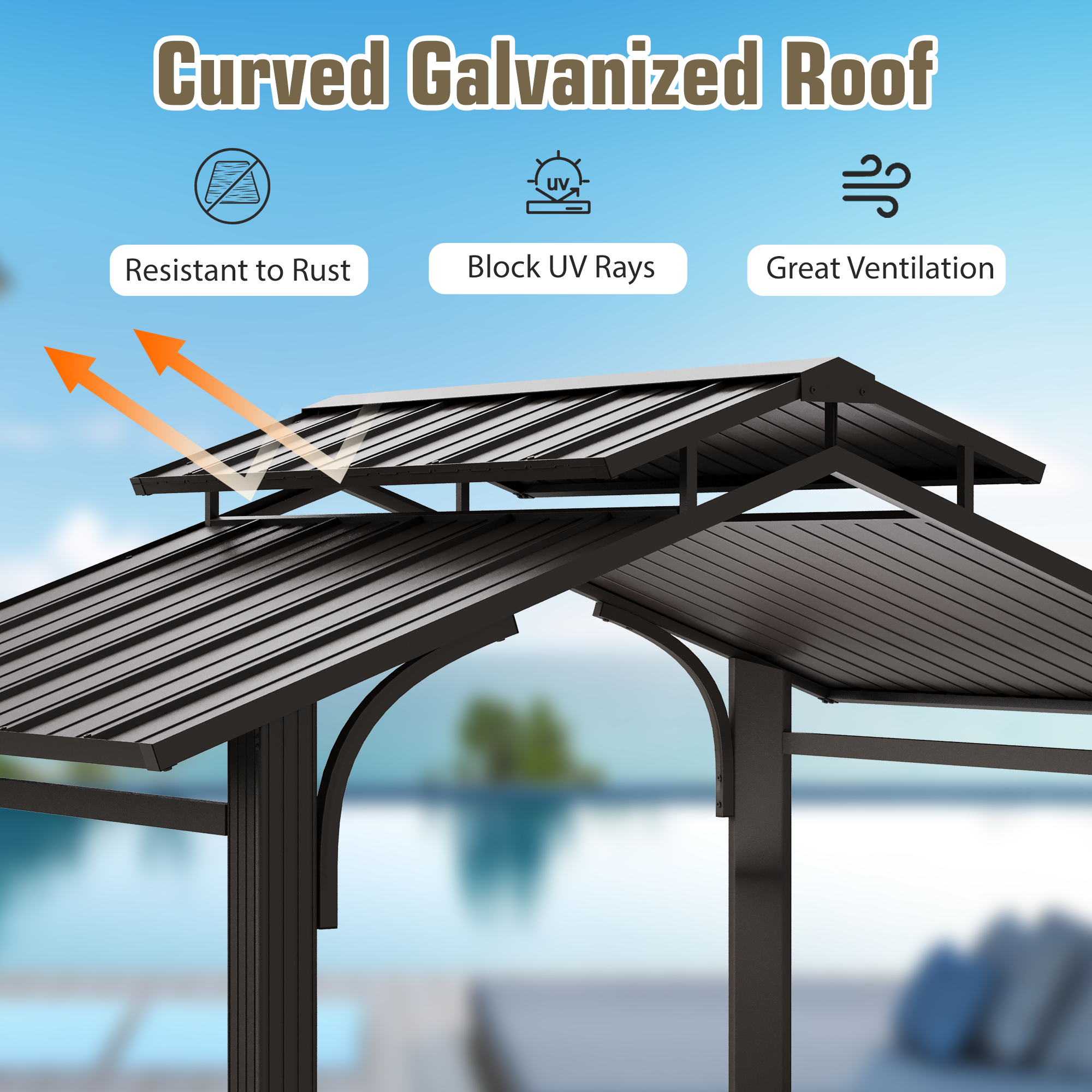 HOMREST 8' x 5' Hardtop Grill Gazebo with 2 Side Shelves, Bottle Opener, and Galvanized Steel Double Roof, Brown