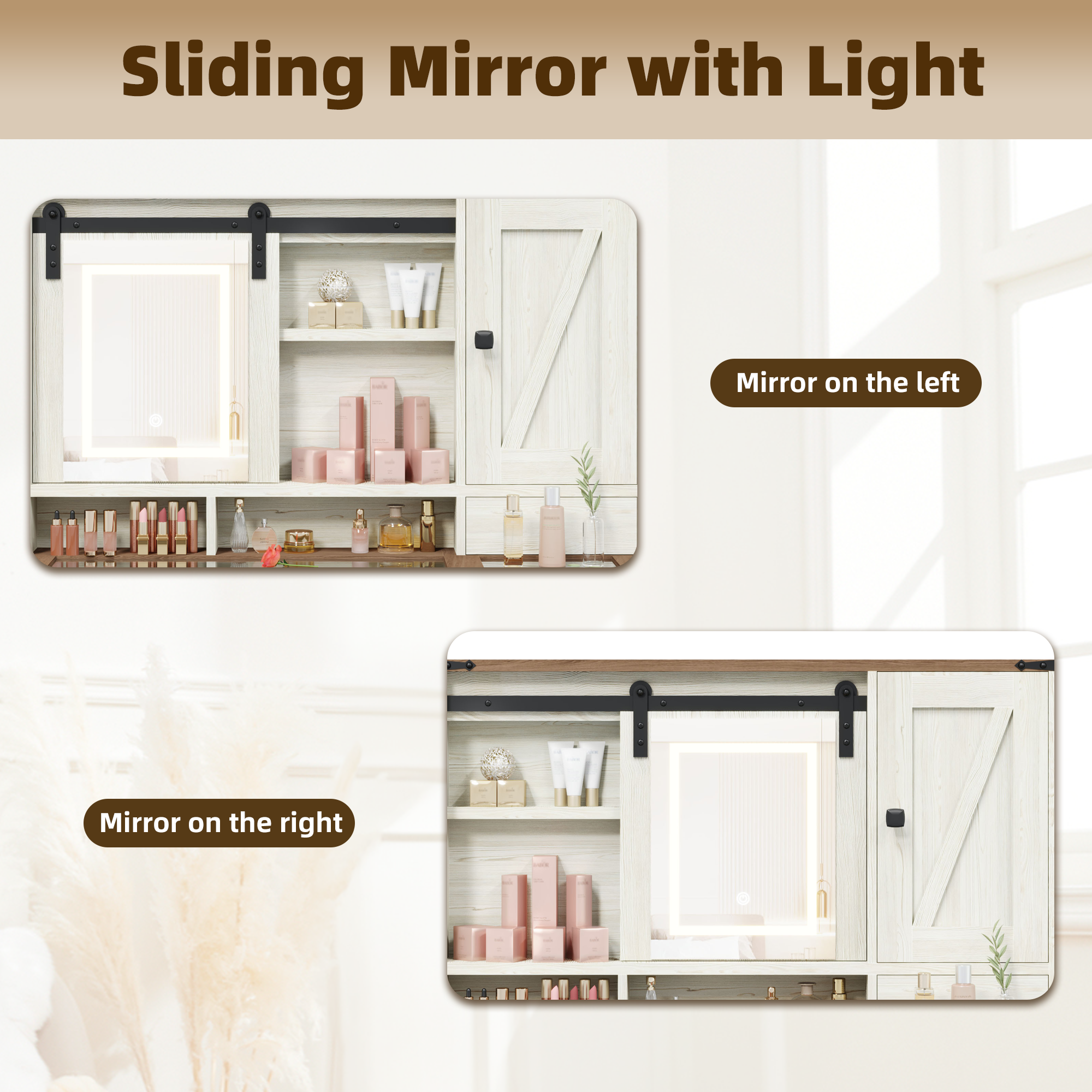 HOMREST  Farmhouse Vanity Desk with Mirror, Lights and Jewelry Storage, Rustic Farmhouse Style