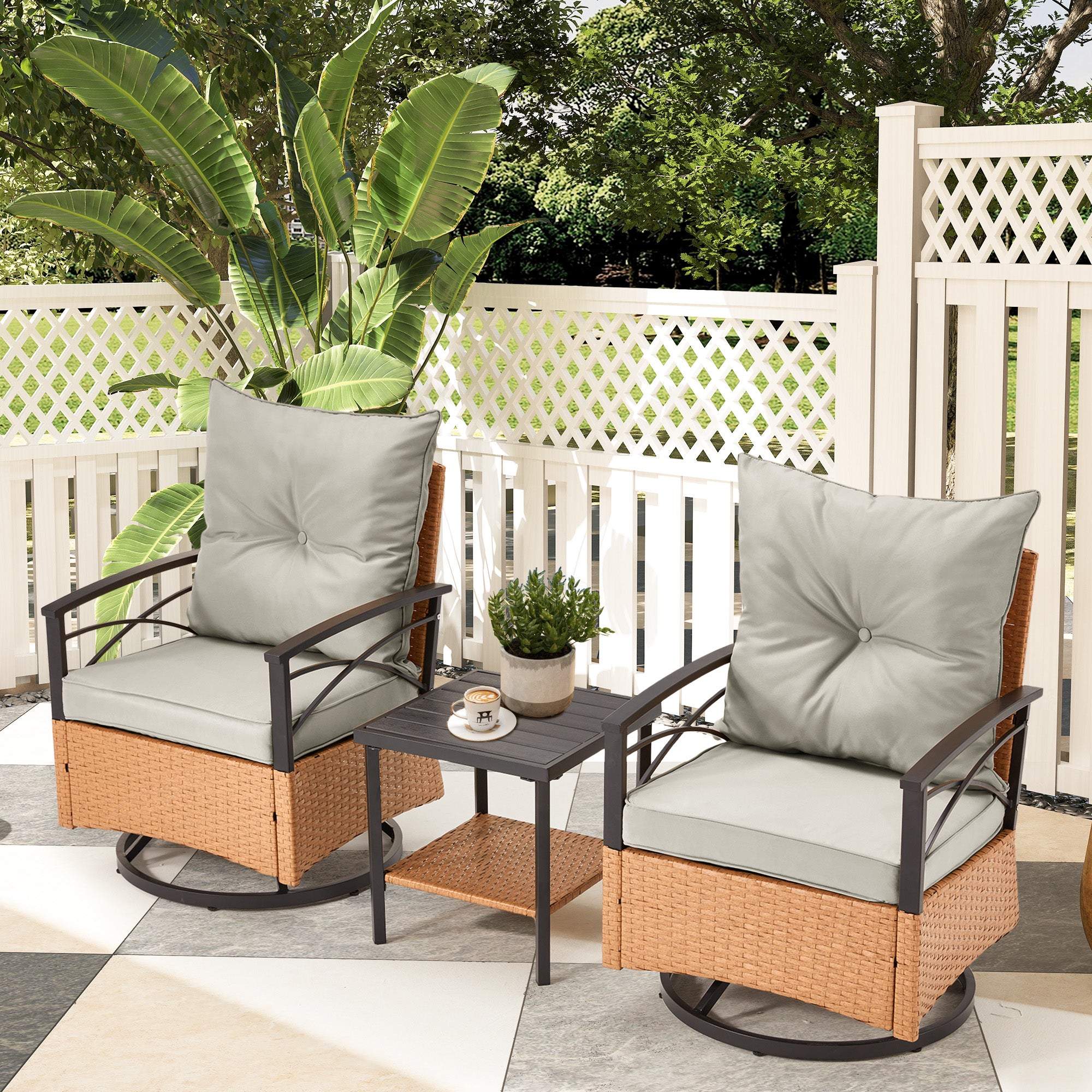 HOMREST 3-Piece Patio Swivel Rocker Set with Rattan Coffee Table, Gray