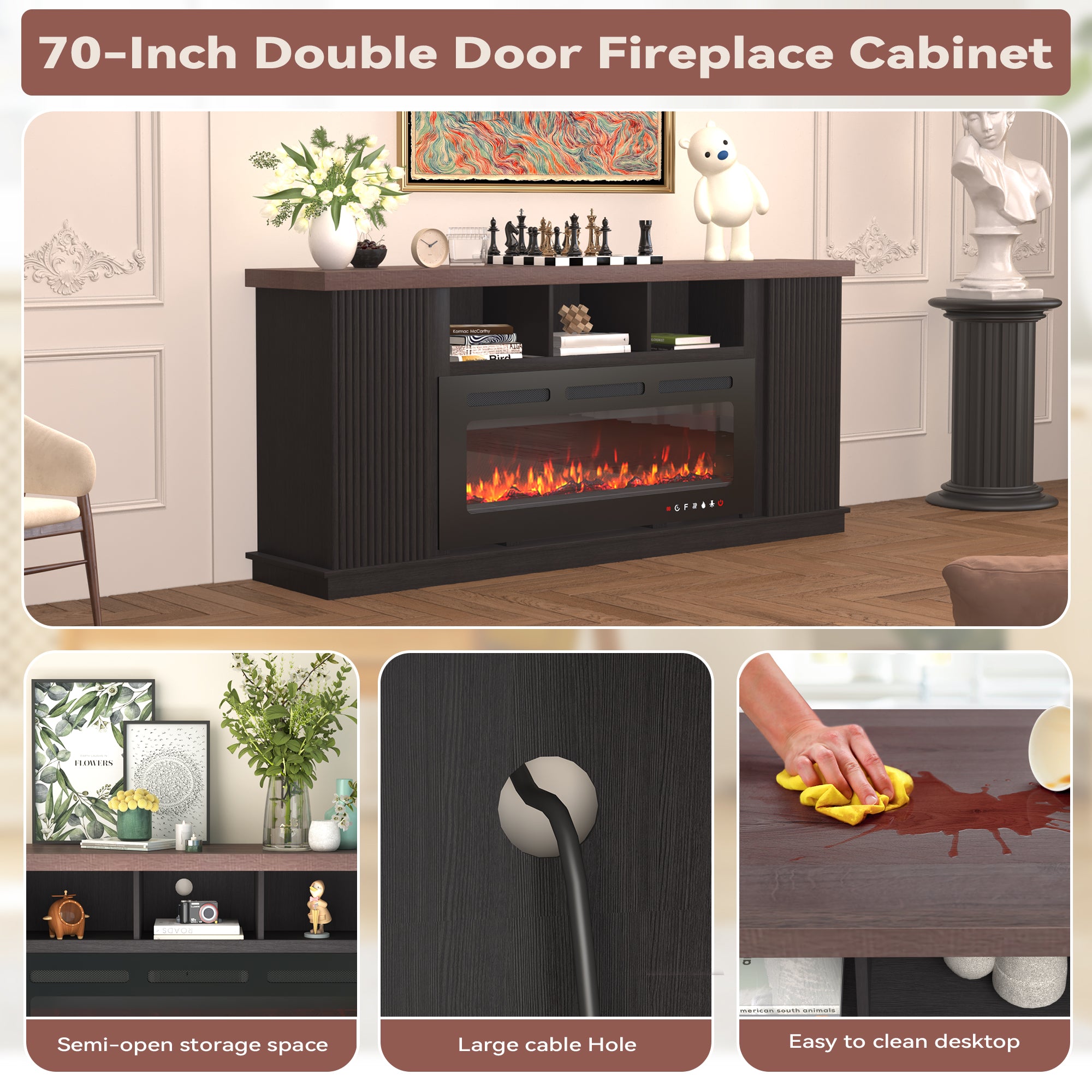 HOMREST 70" TV Stand with Electric Fireplace,Living Room Fireplace TV Stand, Dark Walnut Color