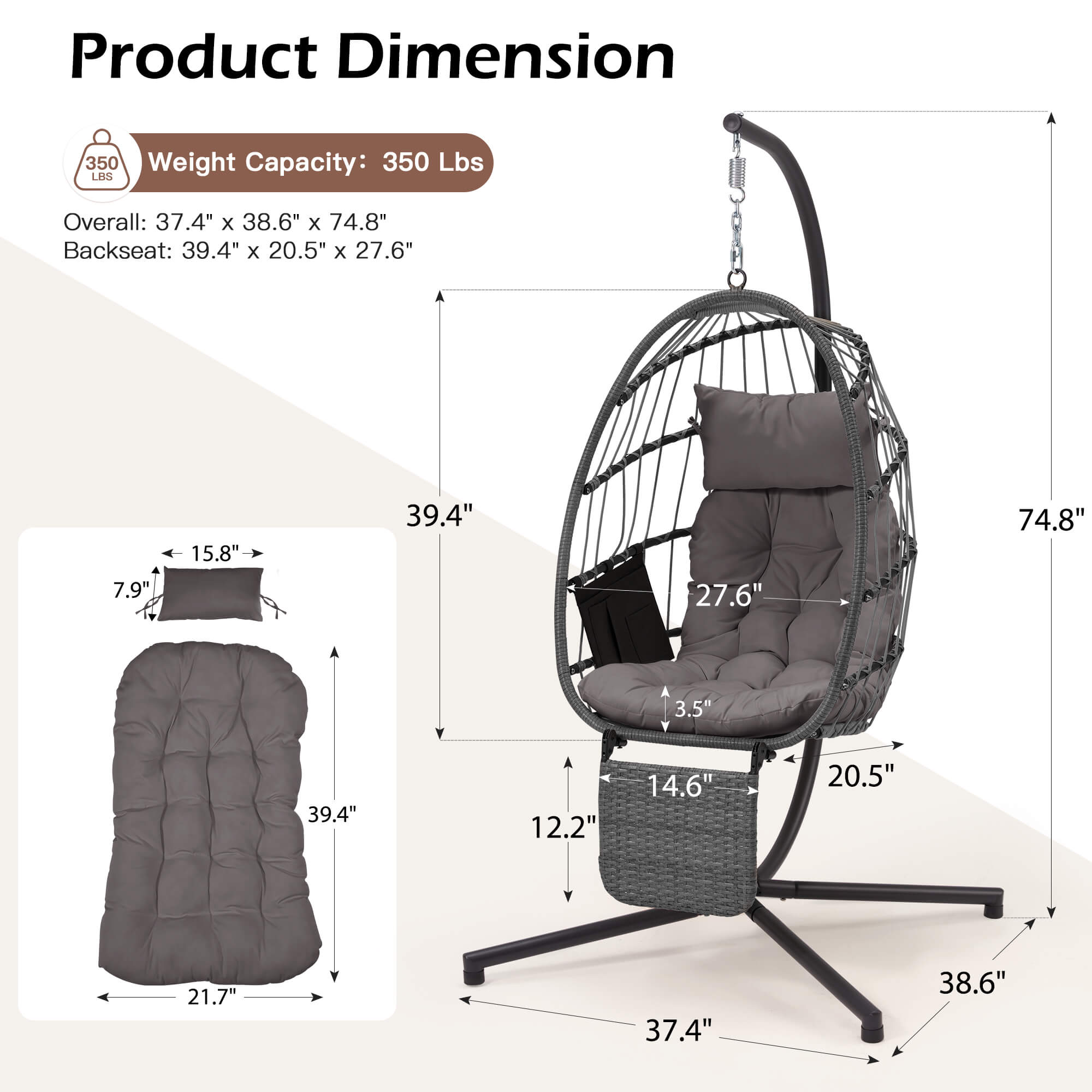 HOMREST Hanging Egg Chair with Stand & Removable Leg Rest, Hammock Chair for Patio, Bedroom, Gray