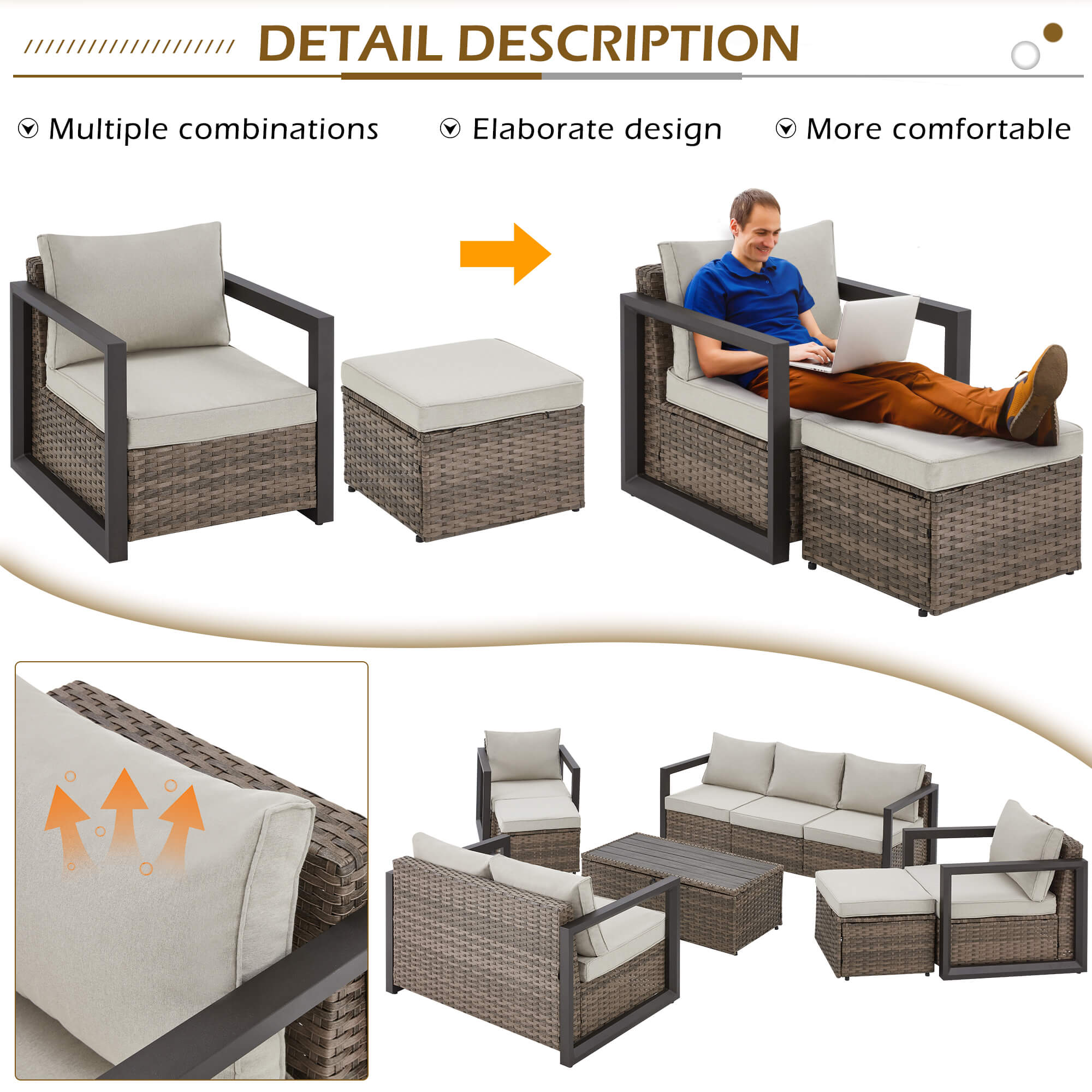 HOMREST 7 Pieces Aluminum Patio Furniture Set, PE Rattan Sectional Sofa Set with Storage Table, Modern Patio Conversation Sets w/ 2 Ottomans, Beige