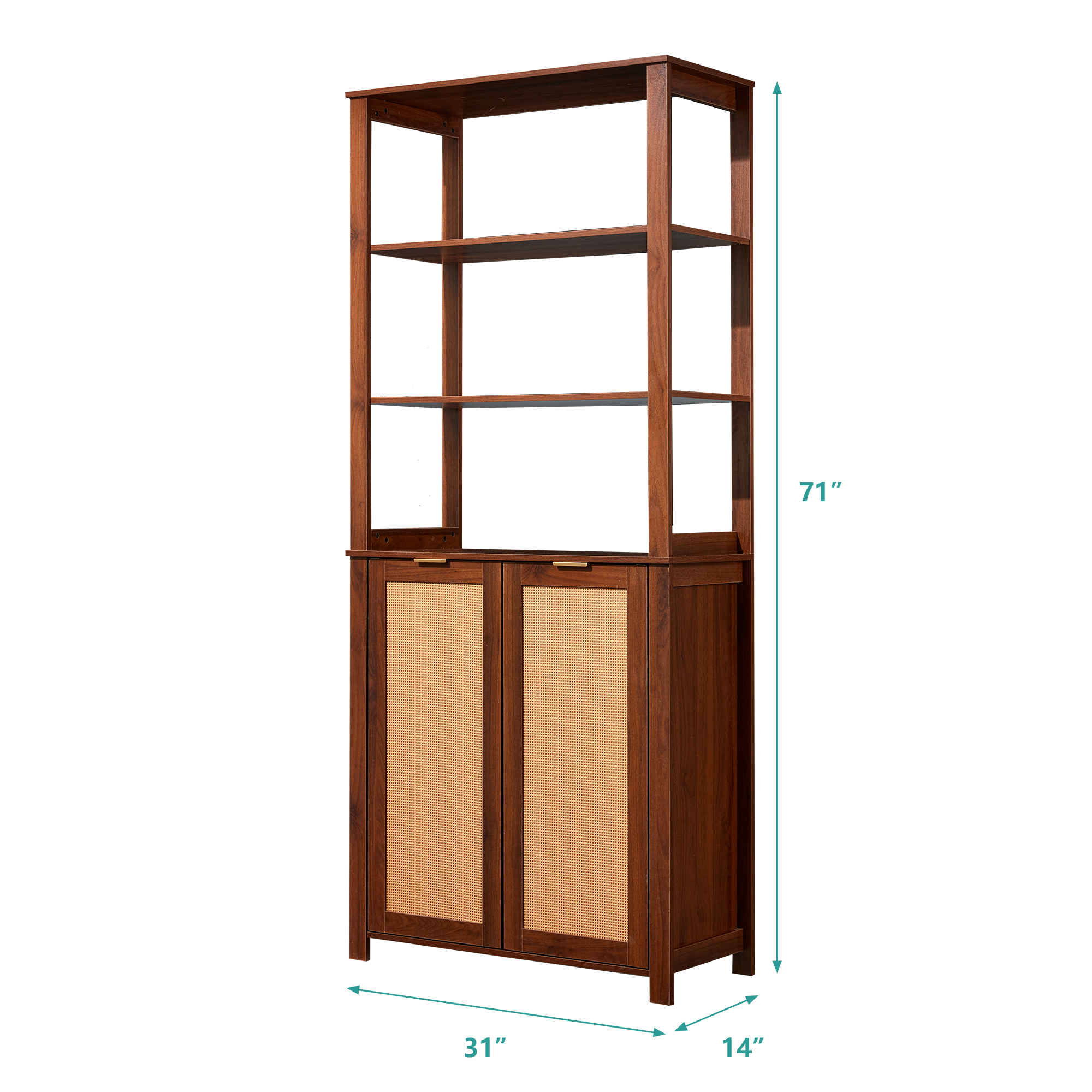 HOMREST Rattan Bookcase with cabinet, Heavy Duty Freestanding Bookcase With Storage Open Display, Walnut Brown