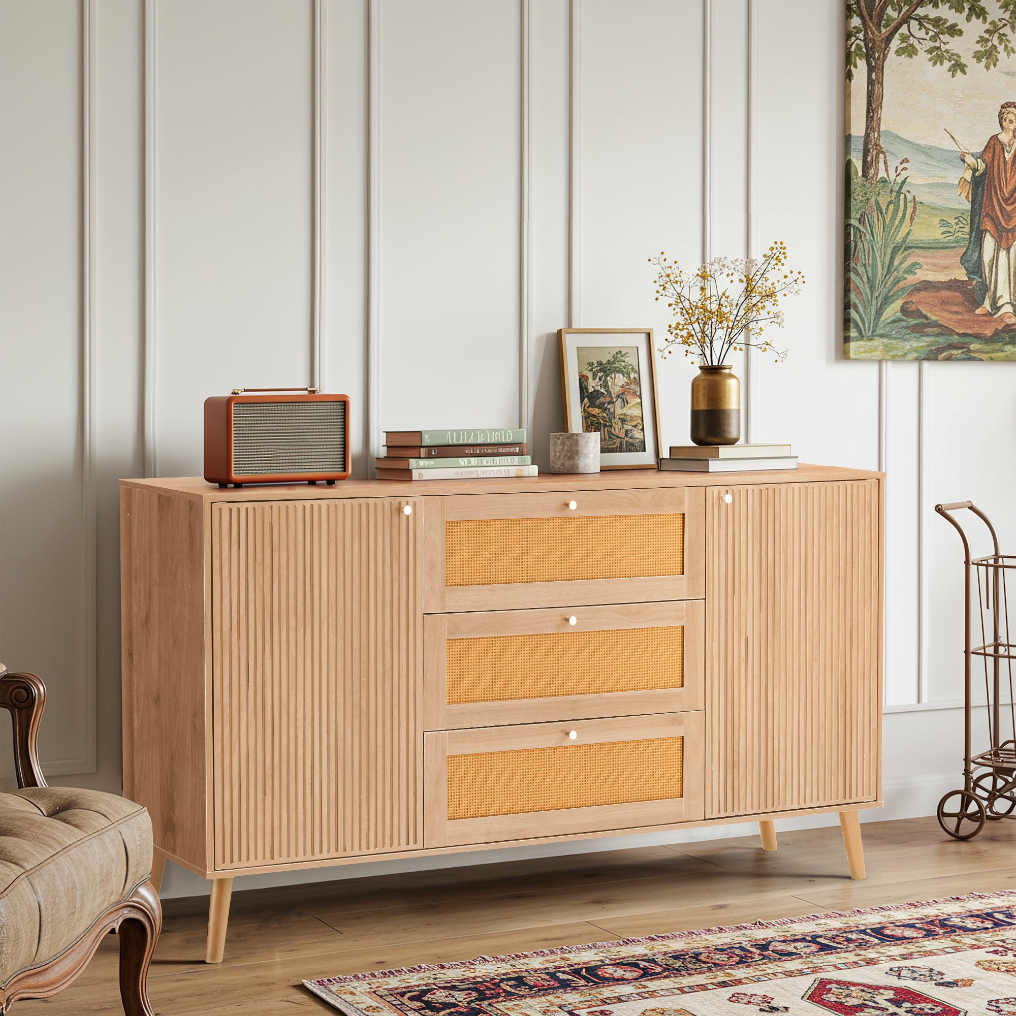 HOMREST Solid Wood Sideboard Buffet Cabinet, Mid-Century Credenza for Living Room, Entryway, Light wood