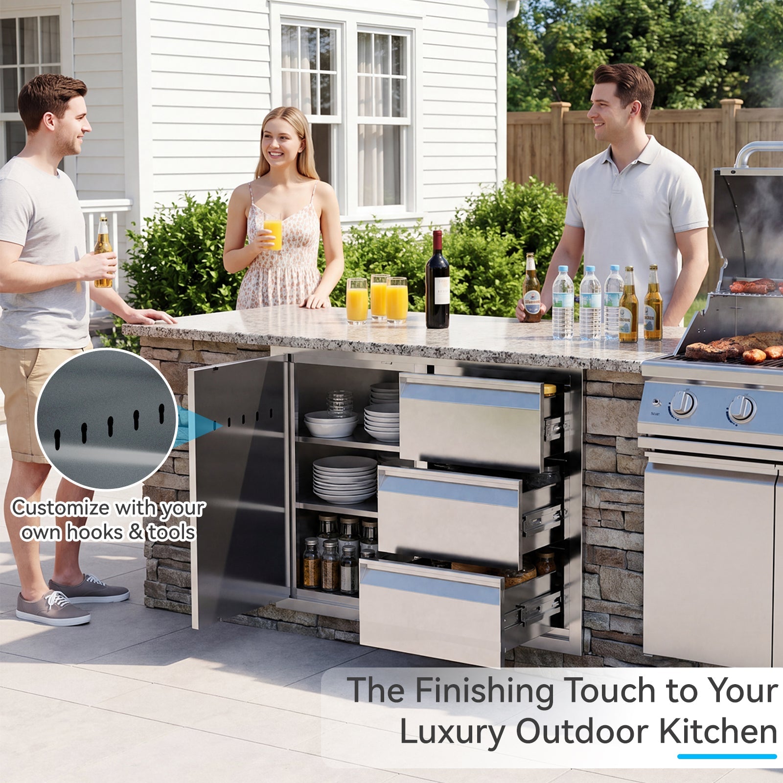 HOMREST Outdoor Kitchen Drawer and Trash Bin Combo - 28"Wx20"Dx23"H Built-in 304 Stainless Steel Cabinet with Triple Drawers & Pull-Out Trash Drawer, Silver
