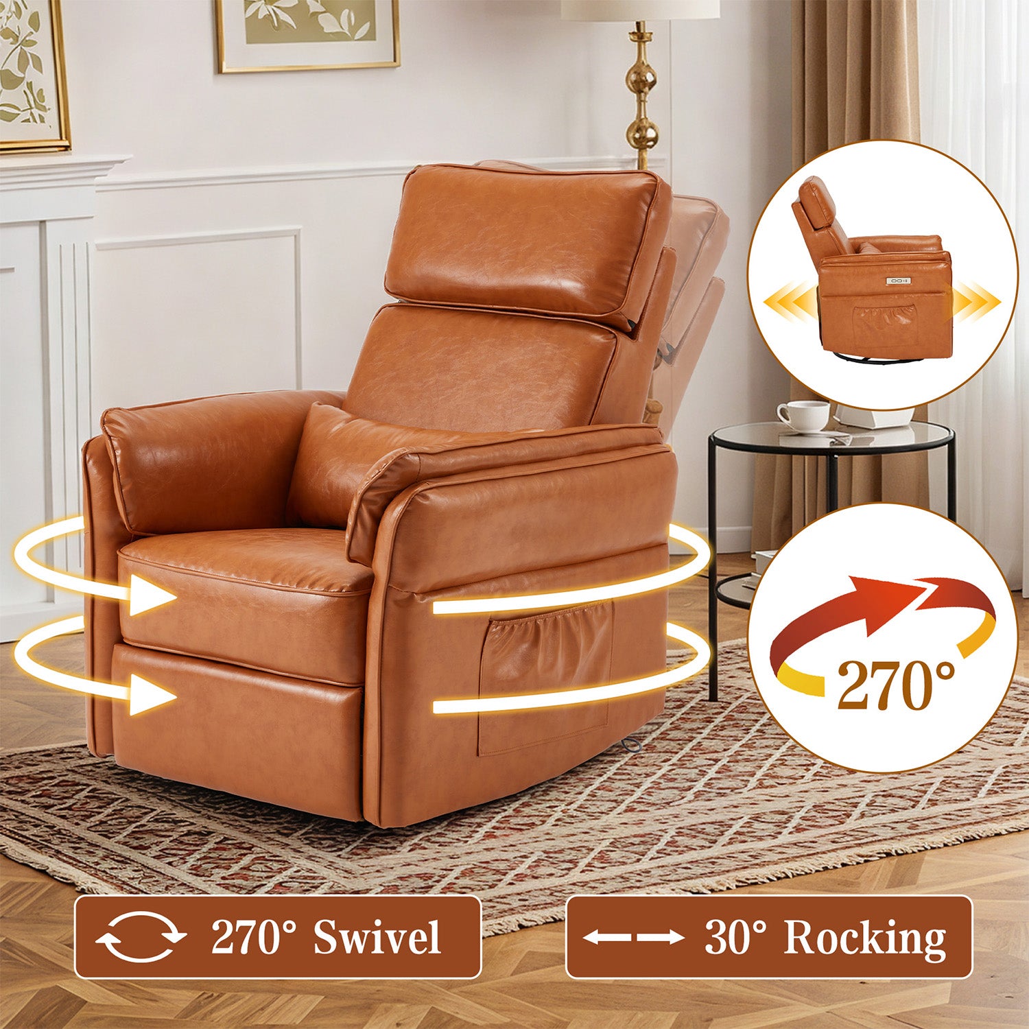 HOMREST Power Swivel Rocking Recliner Chair with Adjustable Headrest and Armrests, Brown