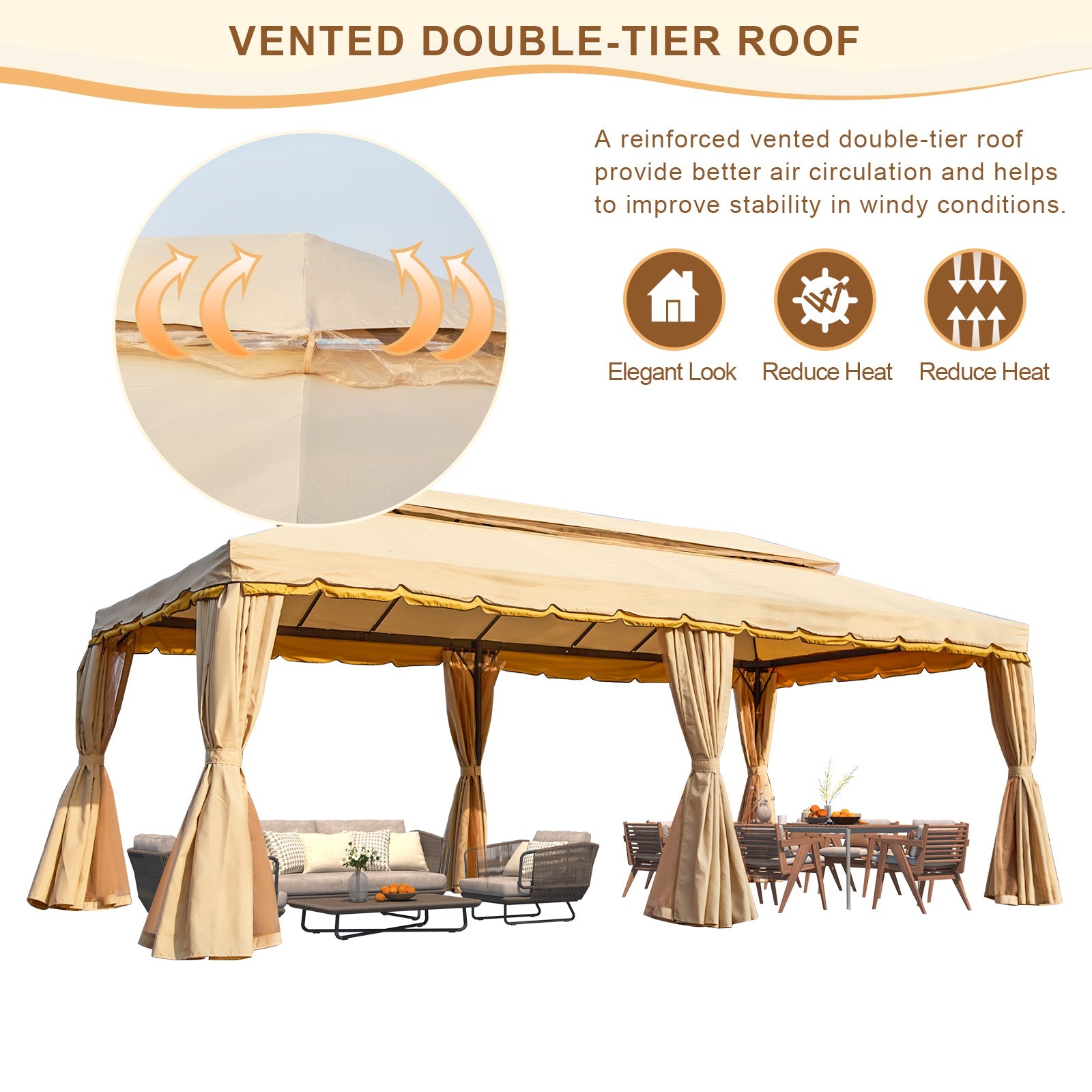 Homrest 10x20 Outdoor Canopy Gazebo with Netting and Shade Curtains, Beige