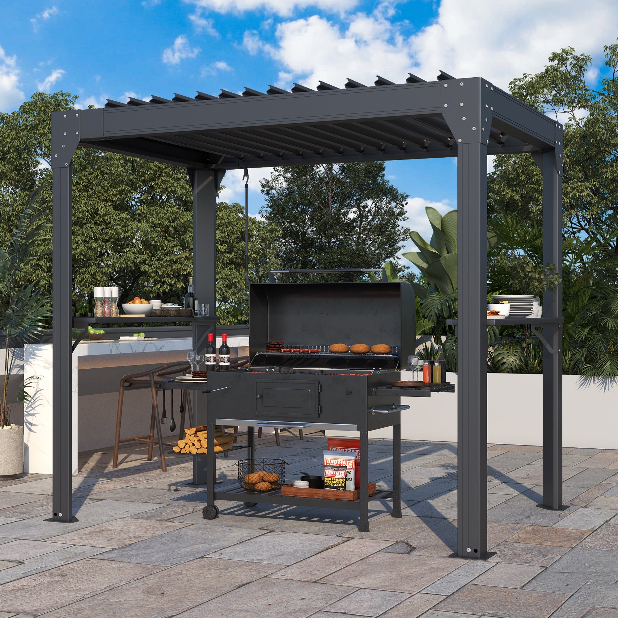 HOMREST 8' x 5' Louvered-Top Aluminum BBQ Grill Gazebo with Gutter & Side Shelves