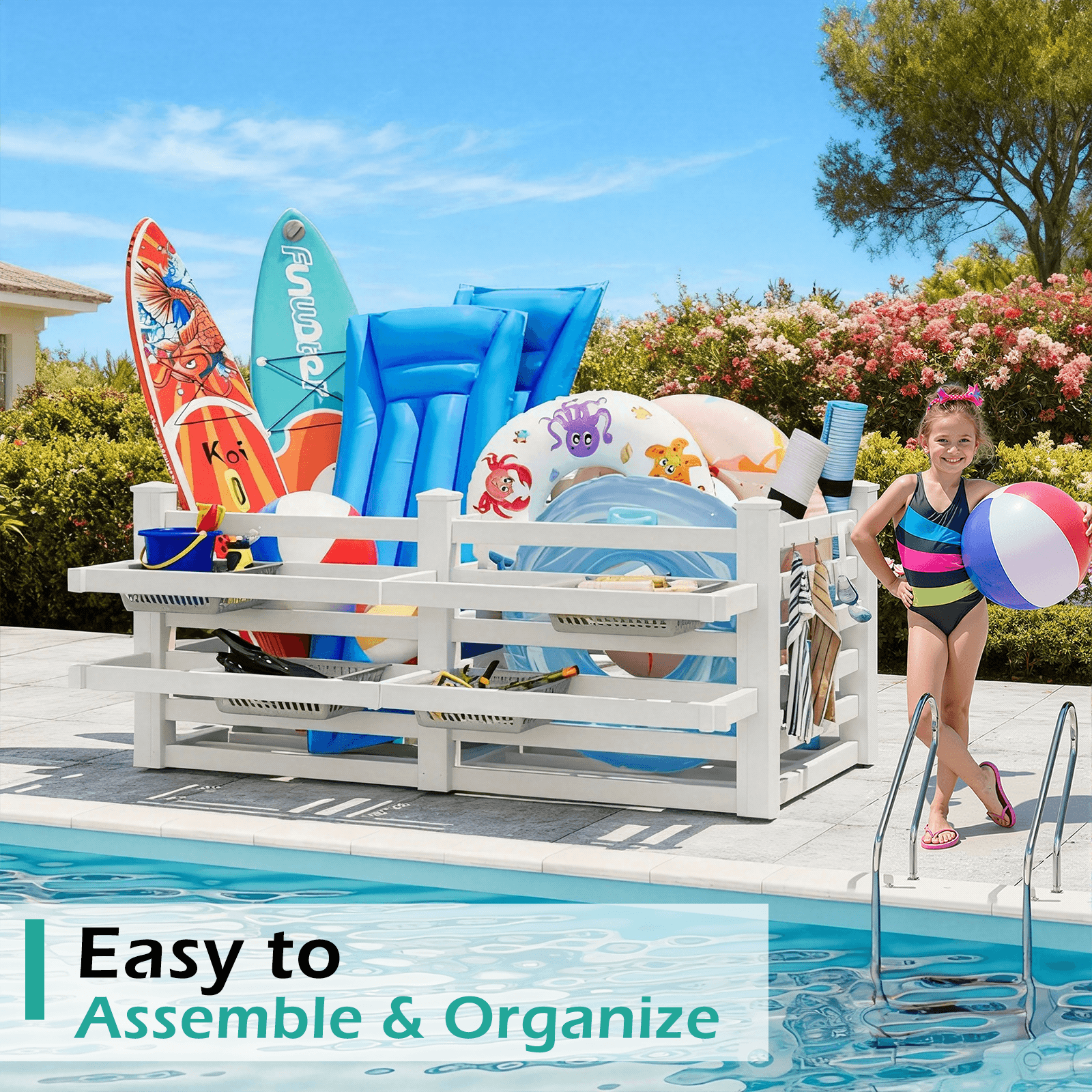 HOMREST 64" W x 92" L x 38" H Extra Large Pool Storage Organizer with Hooks, Waterproof Float Storage Bin, White