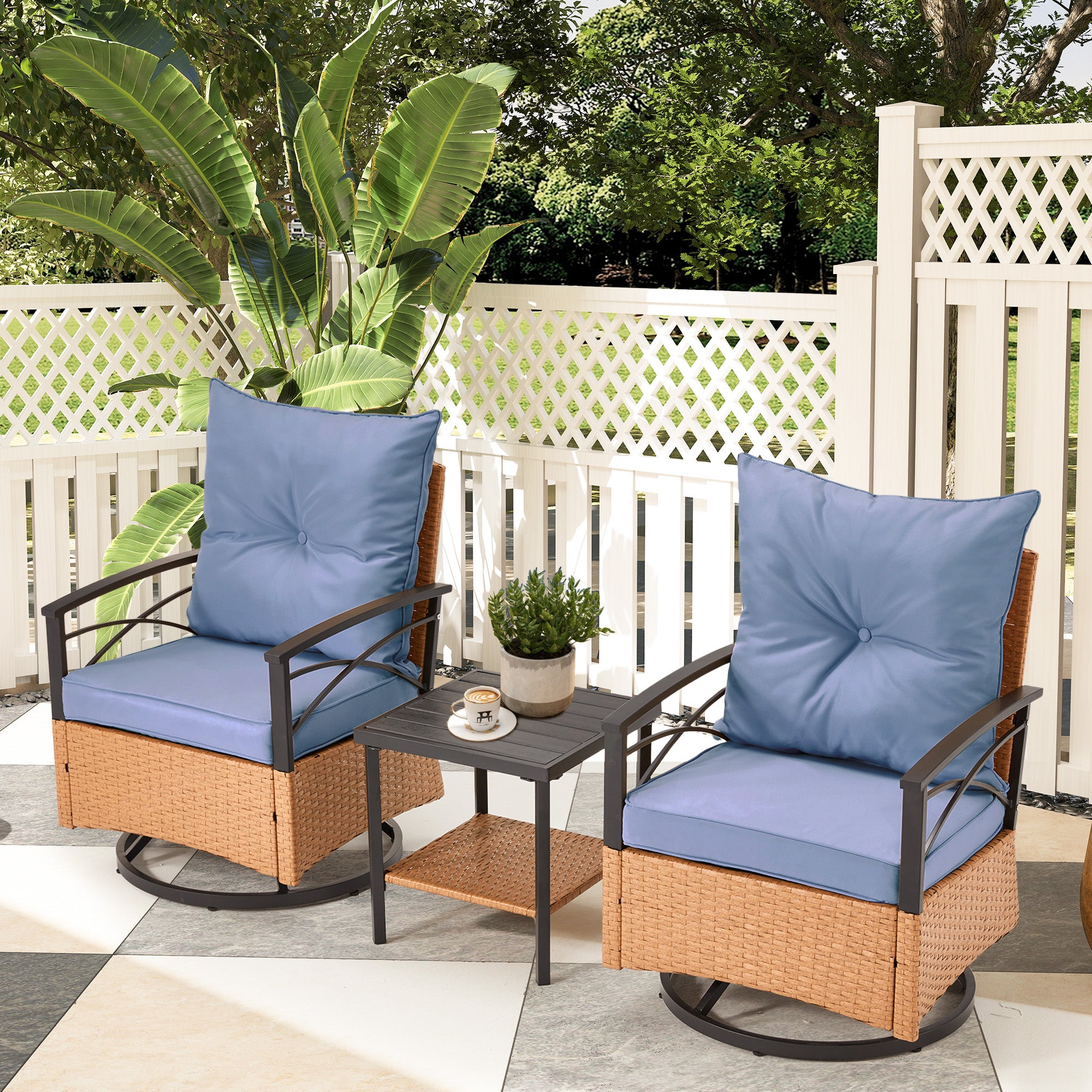 HOMREST 3-Piece Patio Swivel Rocker Set with Rattan Coffee Table, Blue