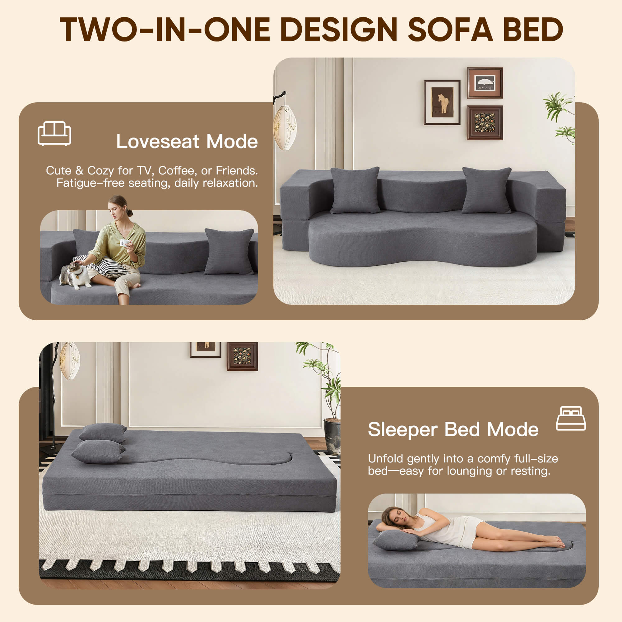HOMREST Folding Sofa Bed, Floor Sofa Couch, Convertible Sofa Bed With High Density Foam, Foldable Floor Couch Bed For Living Room, Guest Room, Bedroom