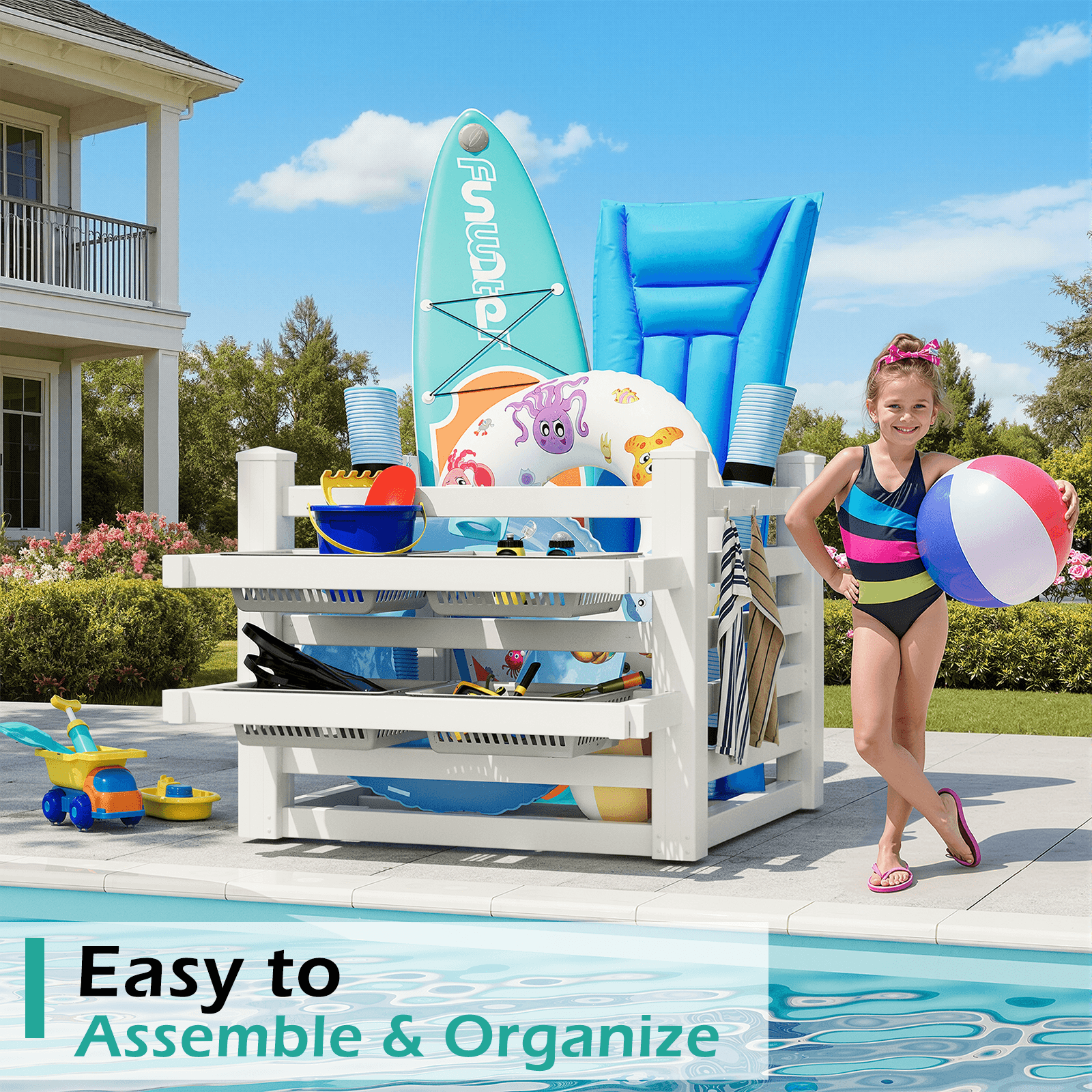 HOMREST 64" W x 46" L x 38" H Pool Storage Organizer with Hooks, Waterproof Float Storage Bin, White