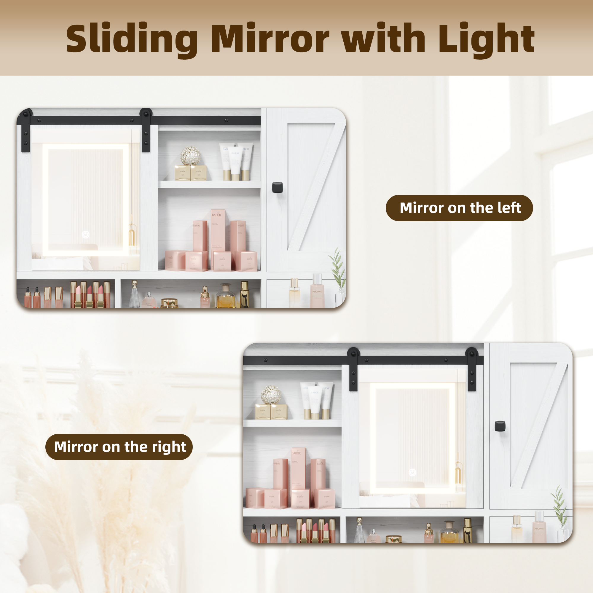 HOMREST Farmhouse Vanity Desk with Mirror, Lights and Jewelry Storage, Antique White