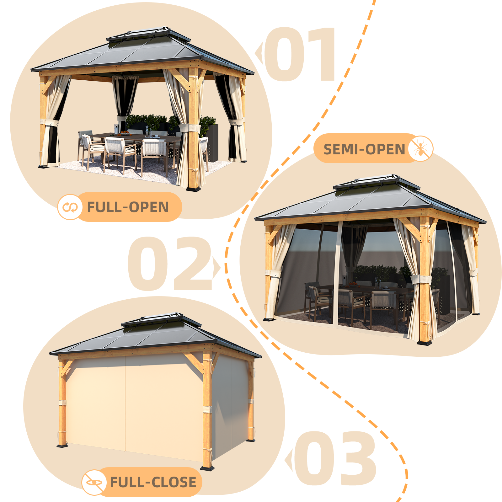 Homrest 11'x 13' Hardtop Gazebo, Wood Outdoor Gazebo, Polycarbonate Double Roof, Netting and Curtains, Patio Gazebo