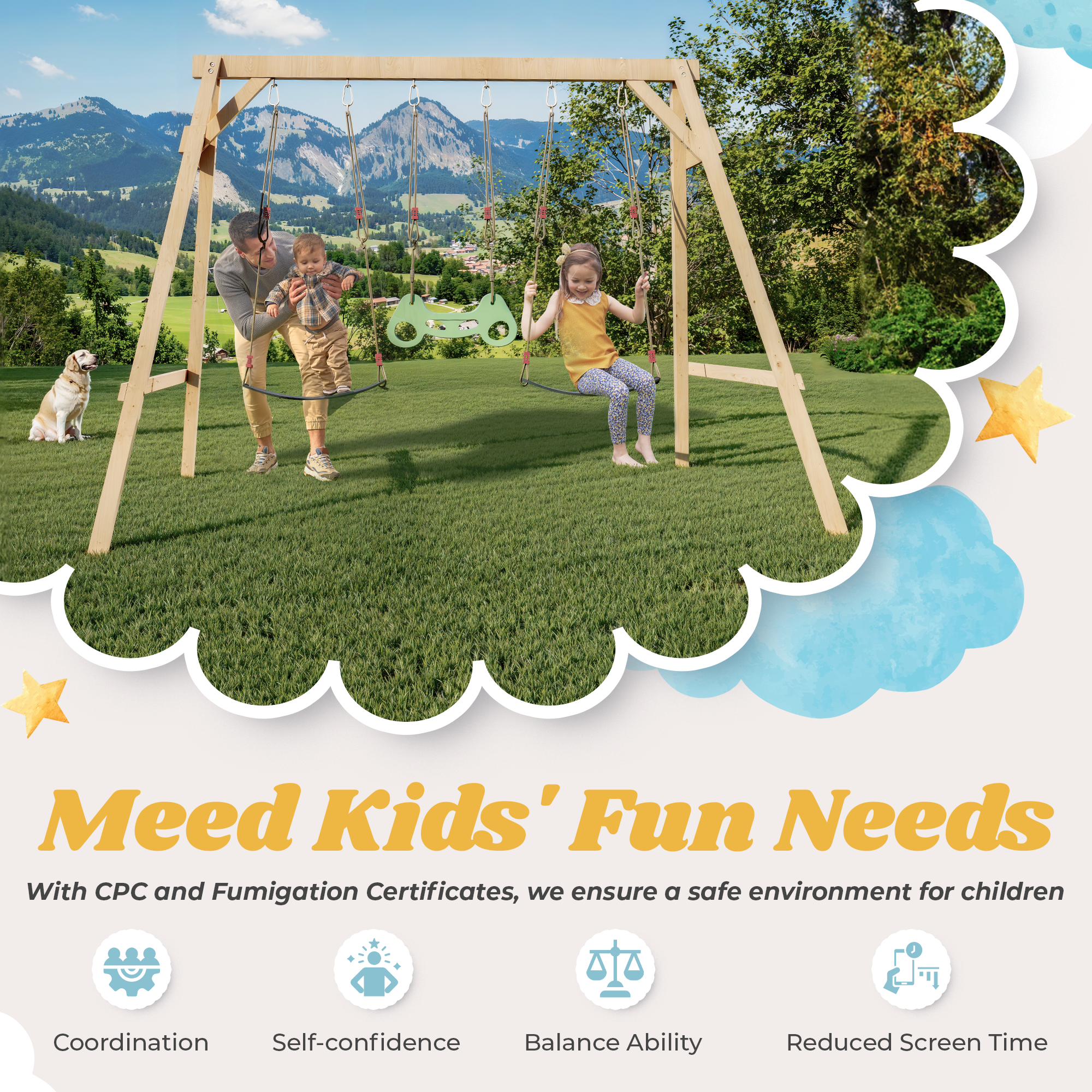 Homrest Wooden Swing Sets for Backyard with 2 Belt Swings and Trapeze Bar, Outdoor Playset for Kids, Backyard Discovery Wooden Swing Set