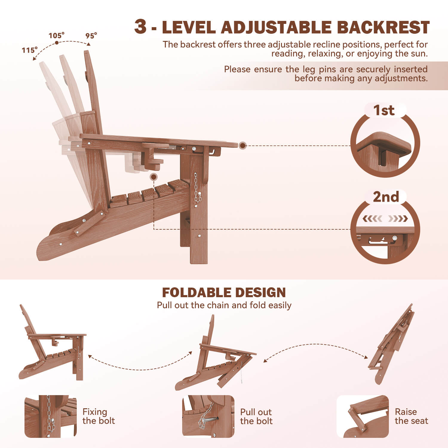 HOMREST 3-Level  Adjustable Adirondack Chair with Retractable Ottoman, Folding HDPE Outdoor Chair with Cup Holders, Teak