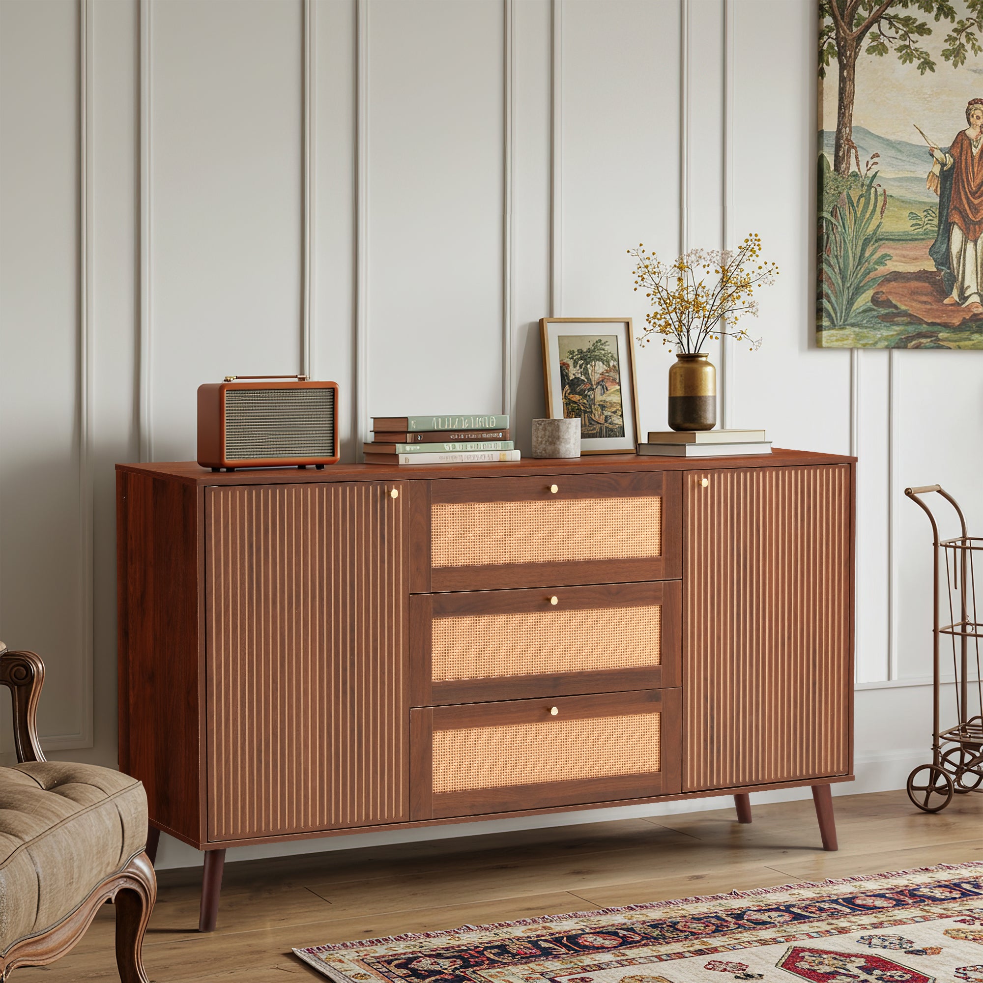 HOMREST  Solid Wood Sideboard Buffet Cabinet, Mid-Century Credenza for Living Room, Entryway, Walnut