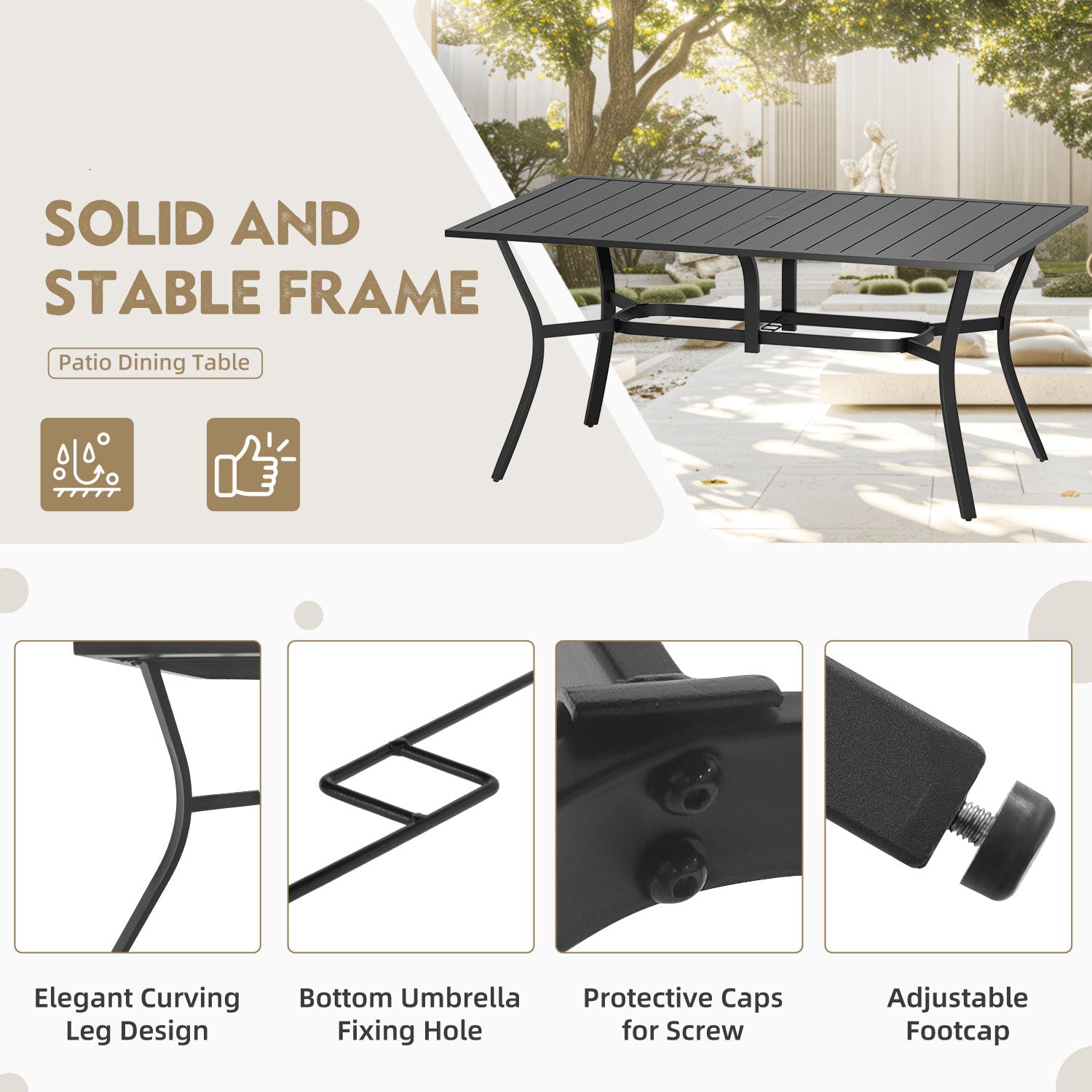 HOMREST 63"x38" Outdoor Dining Table for 6, E-Coated Metal w/ Umbrella Hole