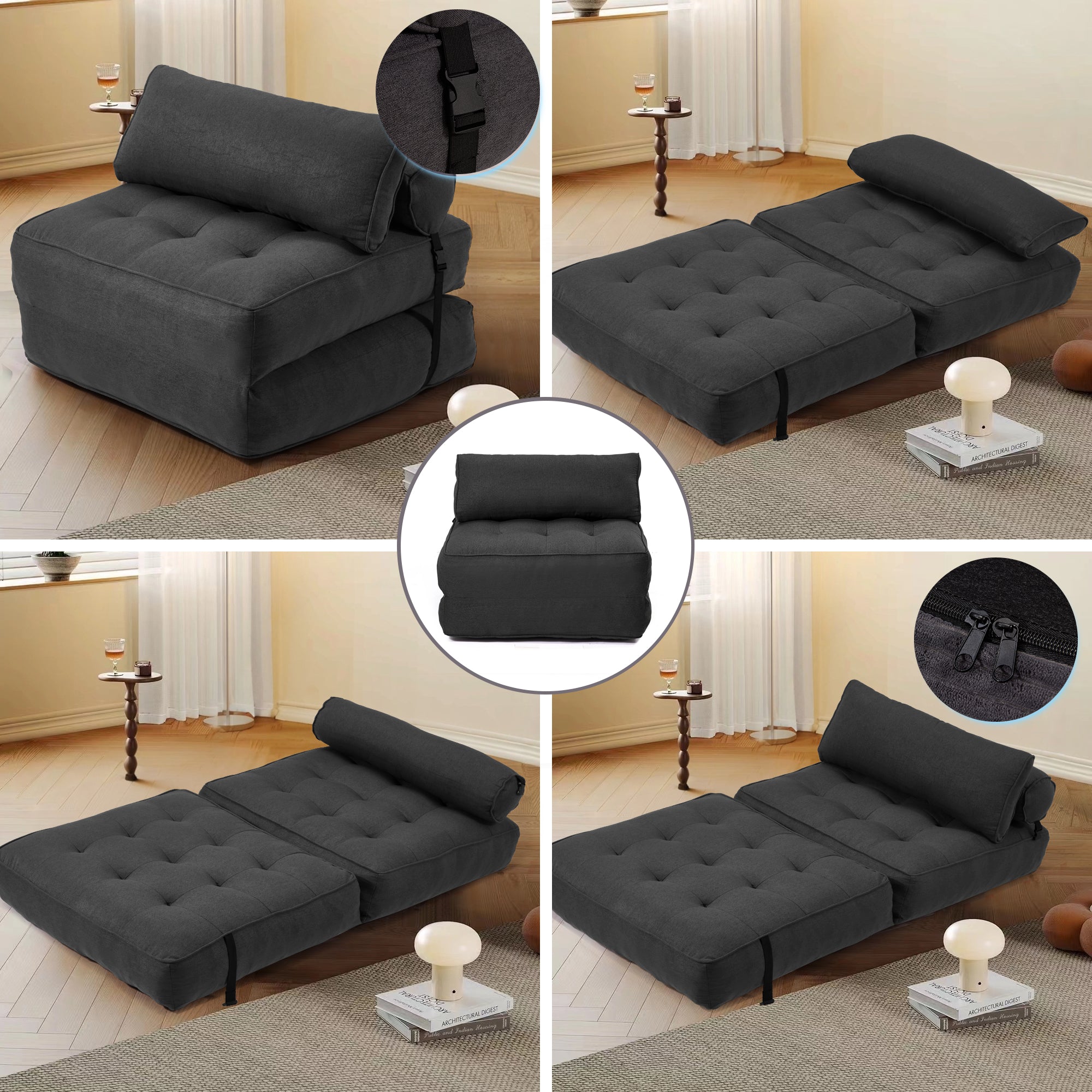 HOMREST 3-Piece Modular Sectional Sofa, Convertible Lounge Set – Foldable Couch Bed, Black