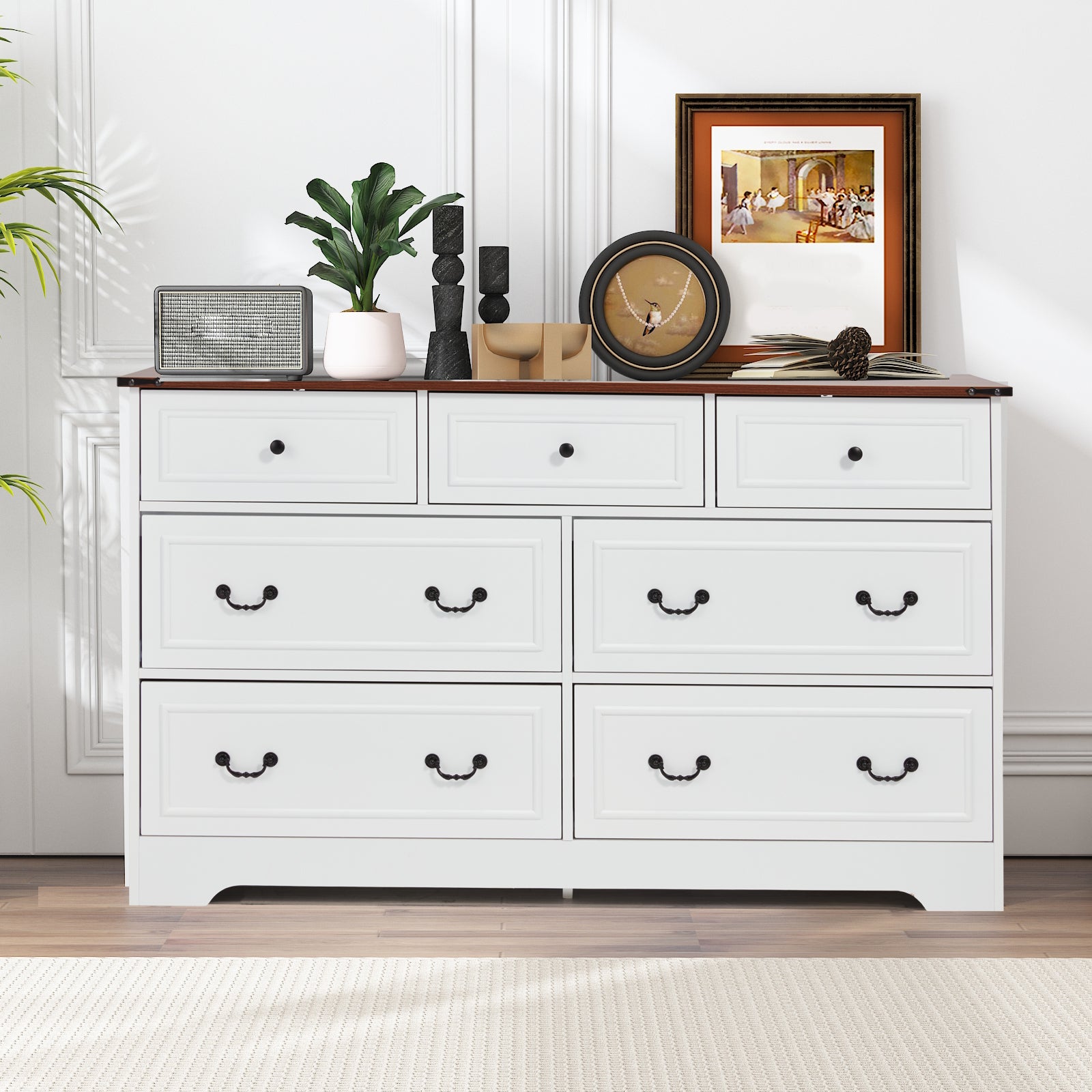 HOMREST Farmhouse 7 Drawers Dresser for Bedroom, 54" Wide Kids Chest of Drawers for Living Room, Antique White