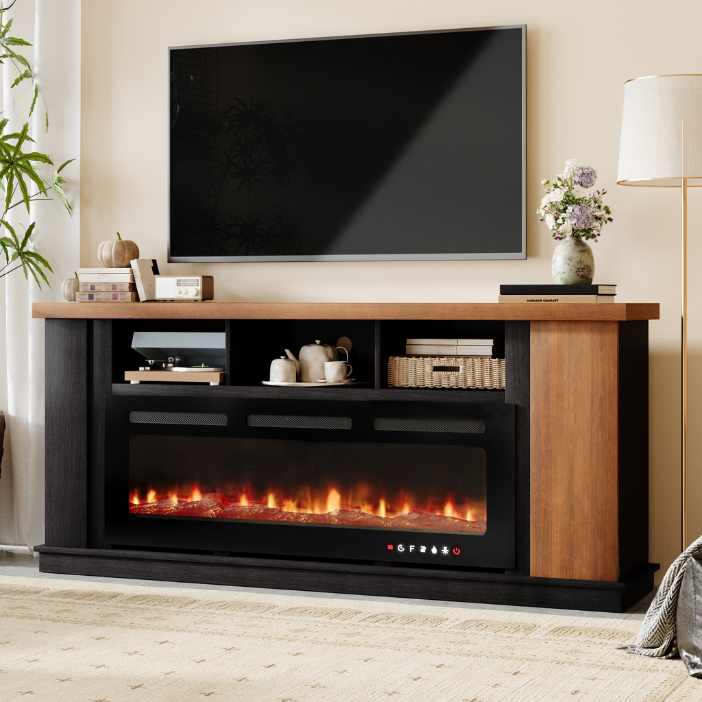 HOMREST Traditional 70" Country TV Stand with 50" Electric Fireplace Heater, Open Storage Shelves and Cabinets, Oak