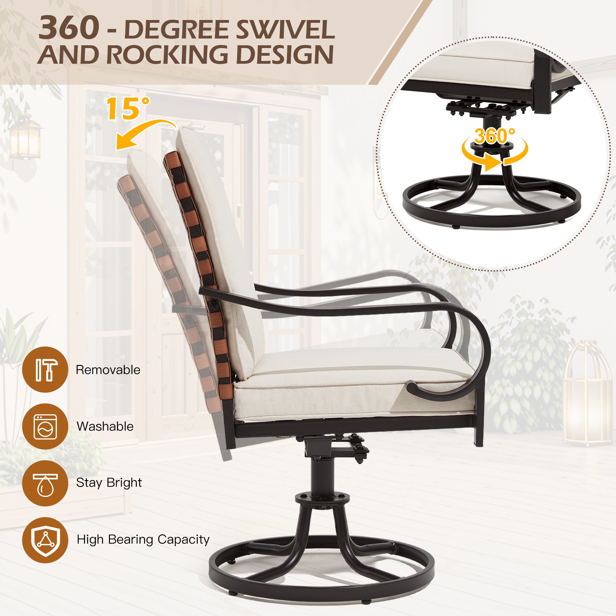 HOMREST Swivel Patio Chairs Set of 2, Heavy Duty Outdoor Dining Chairs, Beige